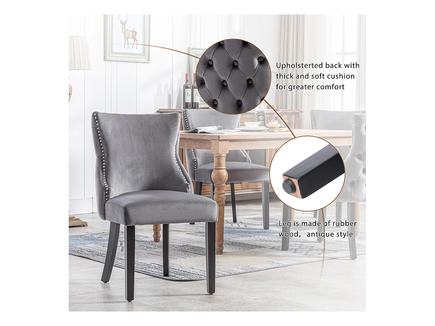 Sedia da pranzo in velluto, design moderno, struttura in legno massello, grigio (44x41x86 cm)