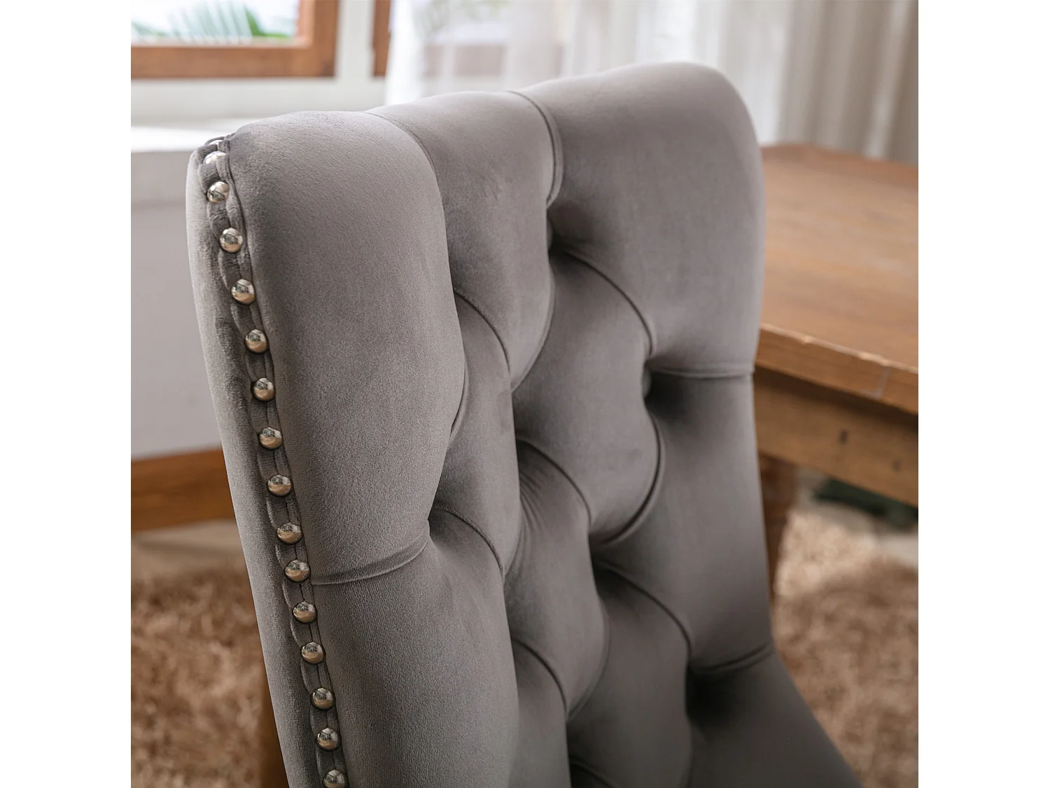 Sedia da pranzo moderna, imbottita, legno massello, base in legno, rivetti decorativi, set da 2, grigio (65x50x95 cm)