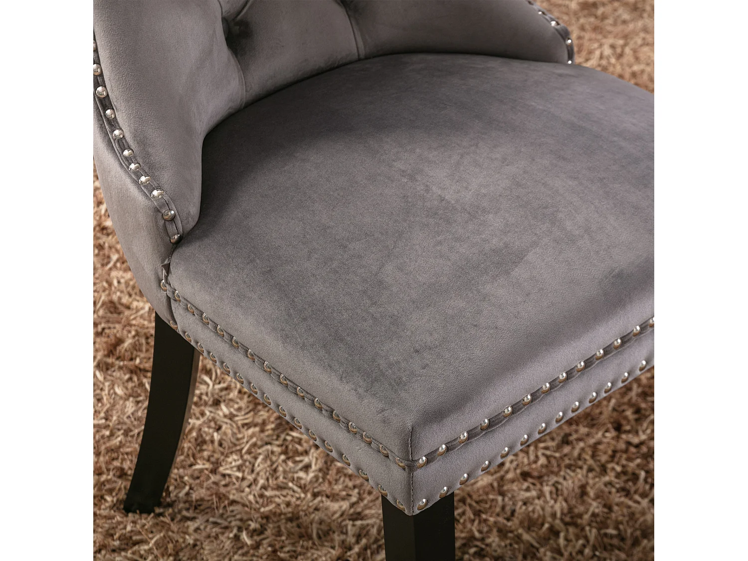 Chaise de salle à manger moderne, capitonnée, bois massif, piètement bois, rivets décoratifs, set de 2, gris (65x50x95 cm)