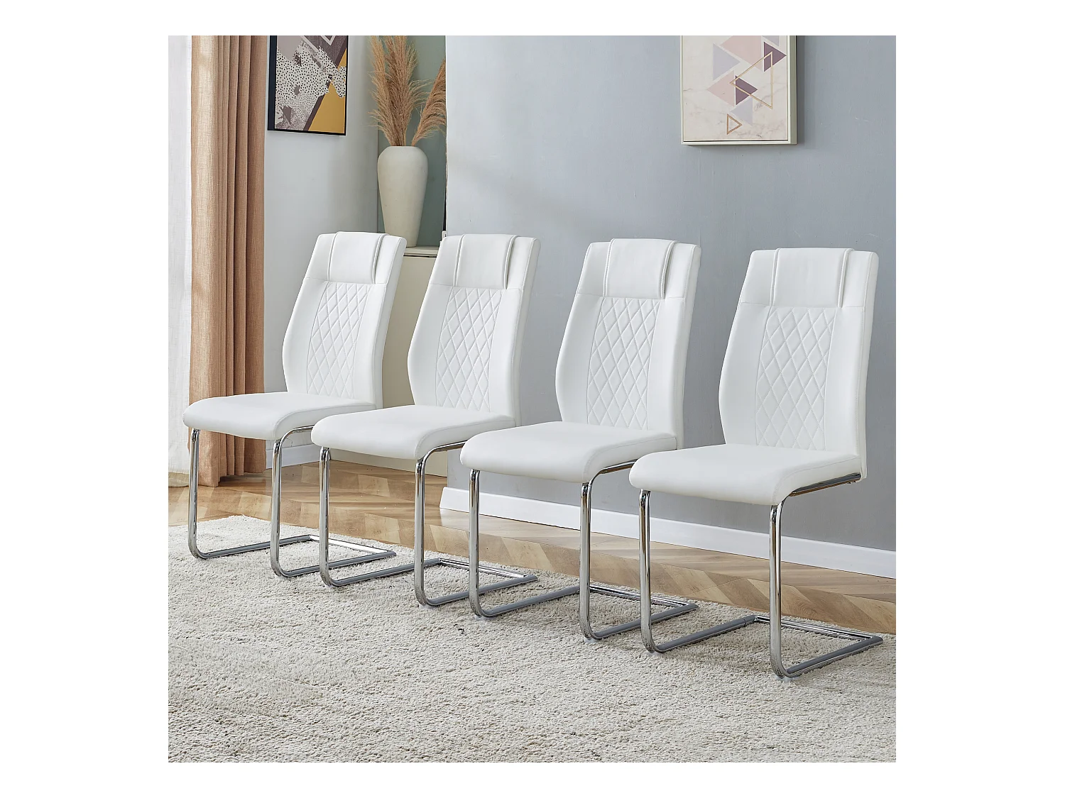 Chaise de salle à manger style nordique, PU blanc, dossier à couture diamantée, pieds métalliques argentés, antidérapants (48.2x40.6x96.5 cm)