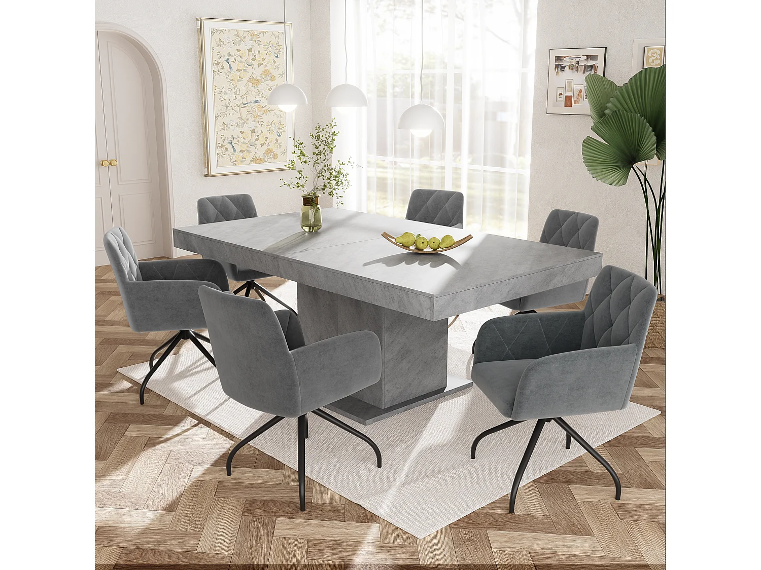 Chaises Pivotantes 360° en Velours, 4 Pieds Métalliques, Dossier Losange, Gris