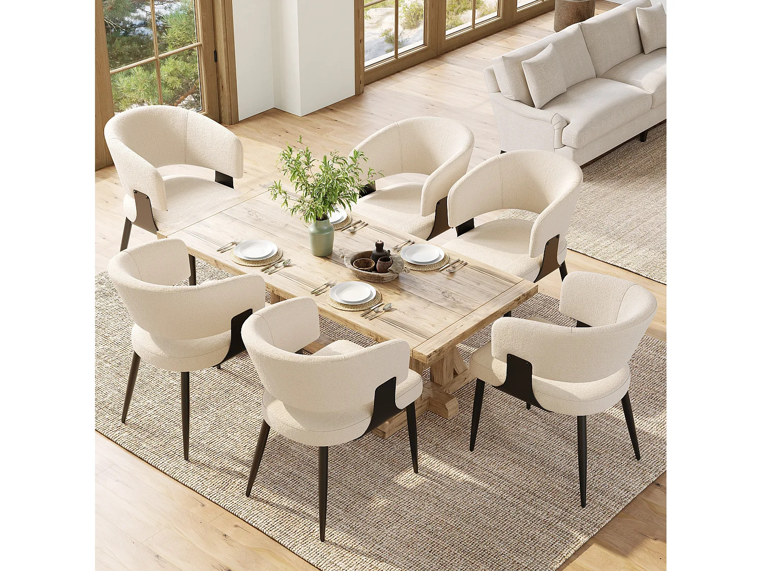 Wollen eetkamerstoel (set van 6), ergonomische stoel met gebogen rugleuning, in beige/grijs (59x46,5x81,5 cm)