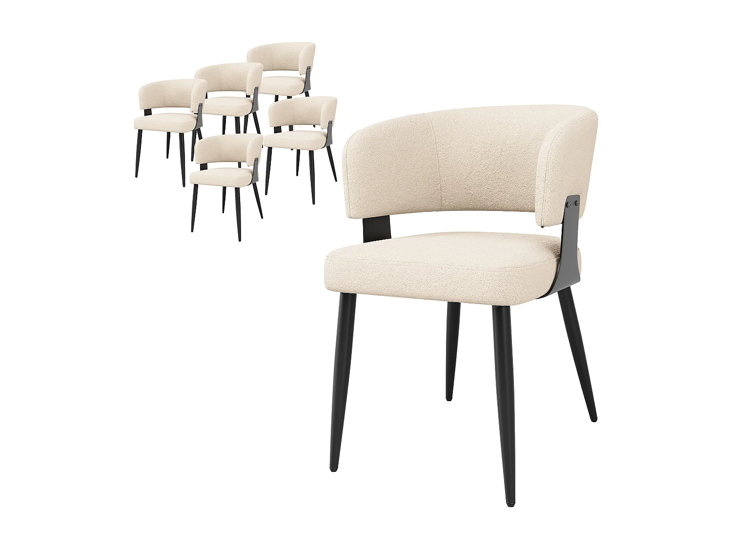 Wollen eetkamerstoel (set van 6), ergonomische stoel met gebogen rugleuning, in beige/grijs (59x46,5x81,5 cm)
