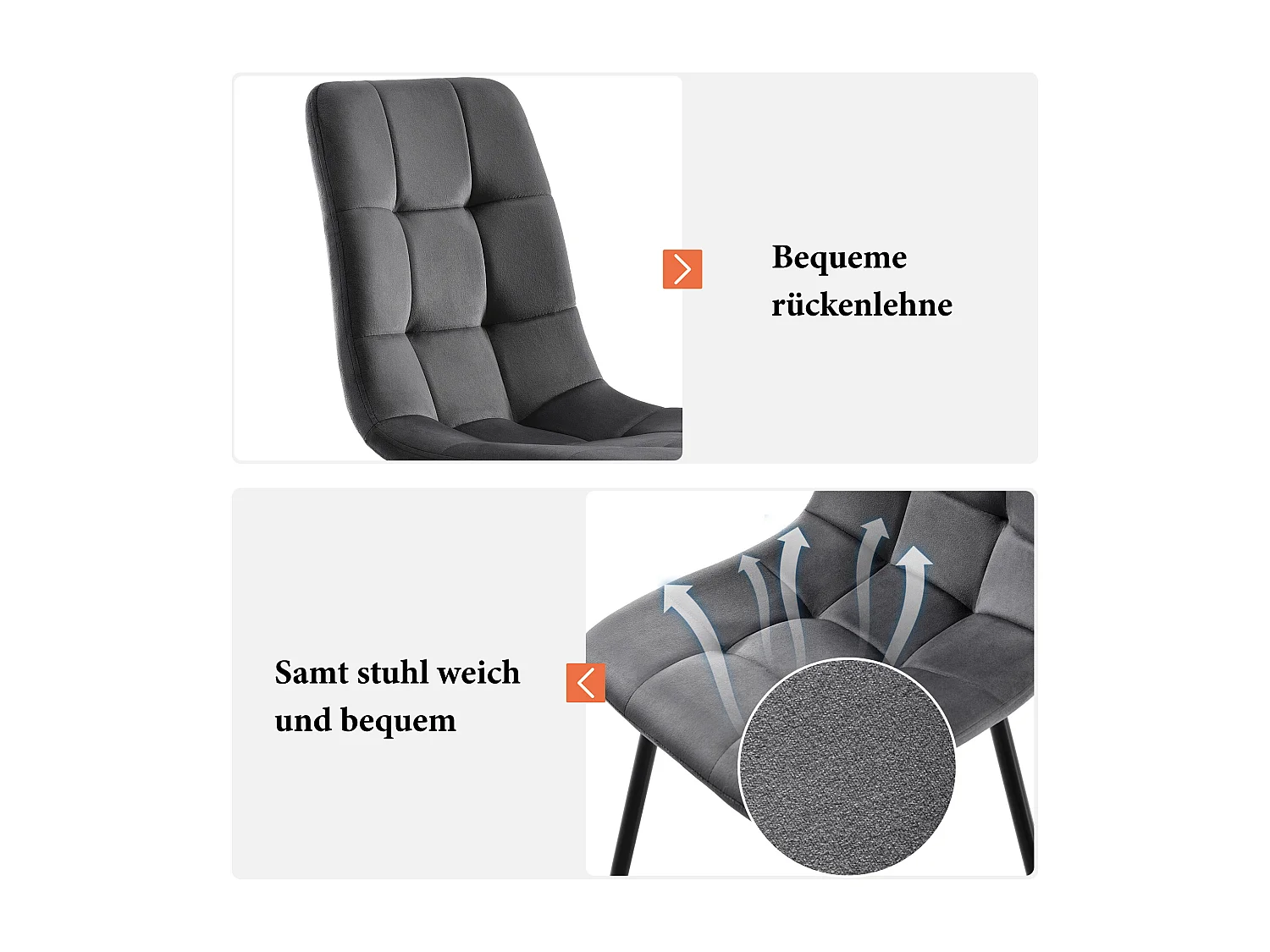 Sedia da pranzo in velluto, design moderno, struttura in metallo, grigio (44x41x86 cm)