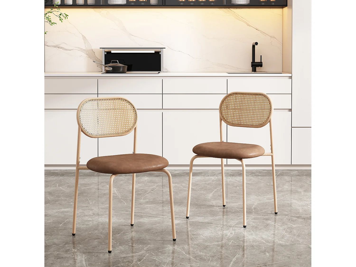 Set van 2 eetkamerstoelen, rotan relaxstoel, met metalen poten, modern design, voor woonkamer en slaapkamer (56x52x27 cm)