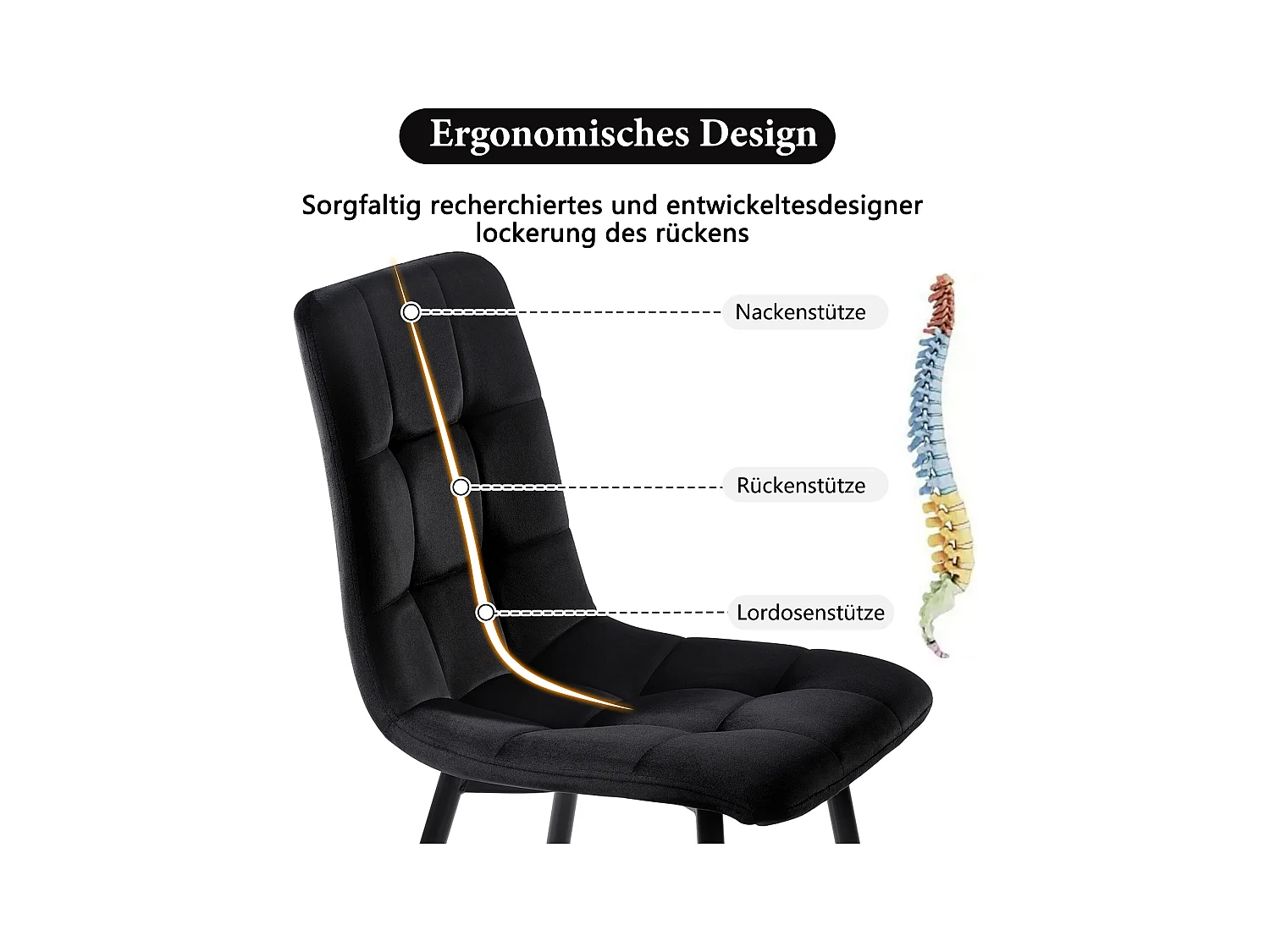Chaise de salle à manger en velours, design moderne, structure en métal, noir (44x41x86 cm)