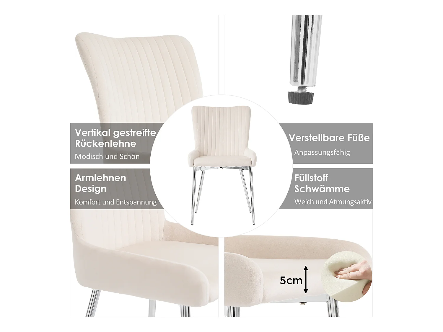 Chaise de Salle à Manger en Velours, 2 pièces, design luxueux, avec soutien lombaire et pieds métalliques argentés, Beige