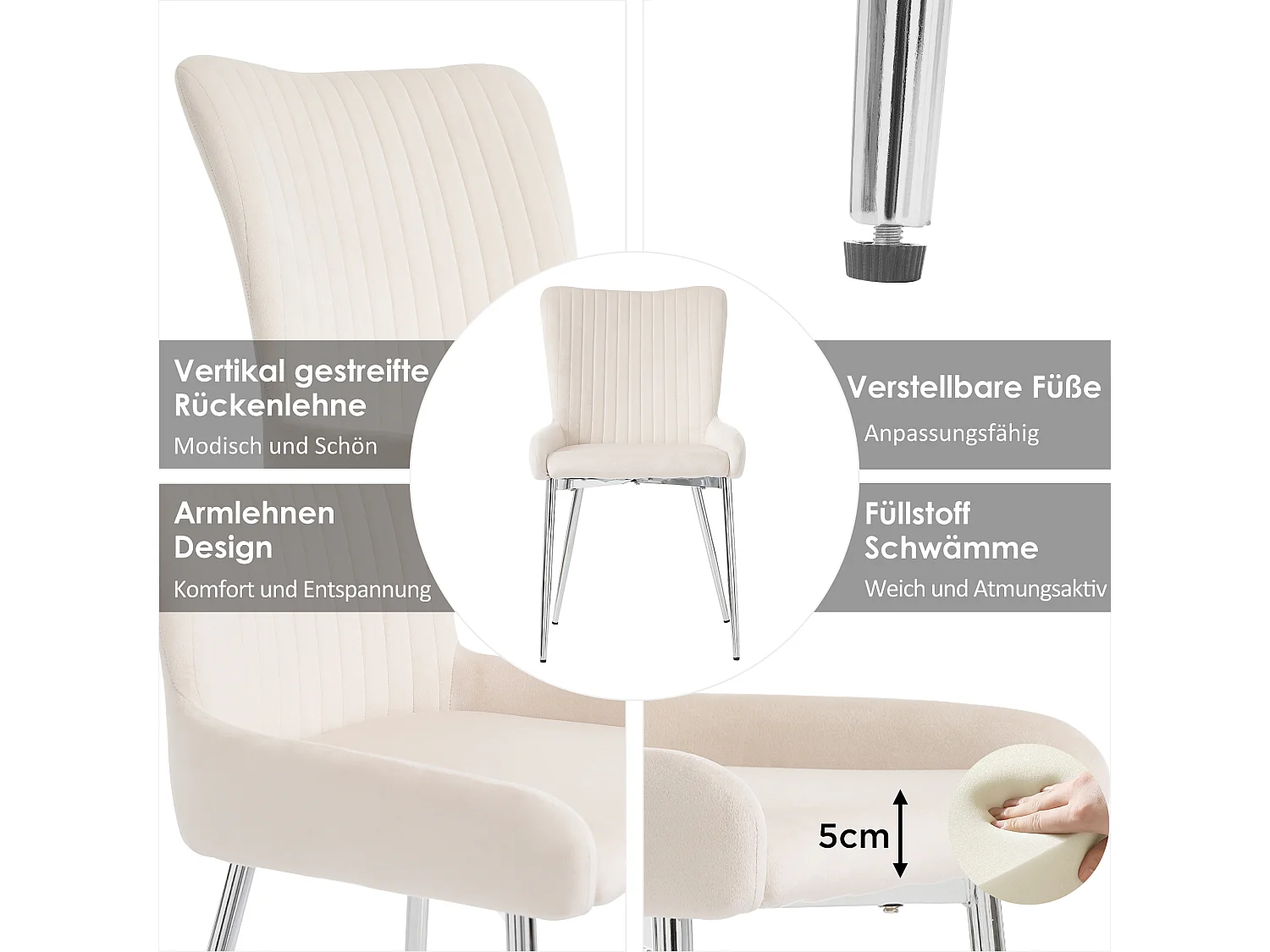Sedie da pranzo in velluto, set da 2, design di lusso, con supporto lombare e gambe in metallo argentato, beige