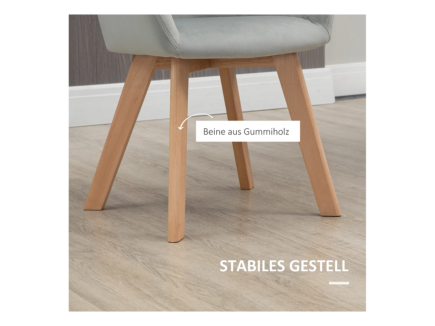 Chaise de salle à manger avec accoudoirs et dossier, en velours, avec pieds en bois, gris (54x57x80 cm)