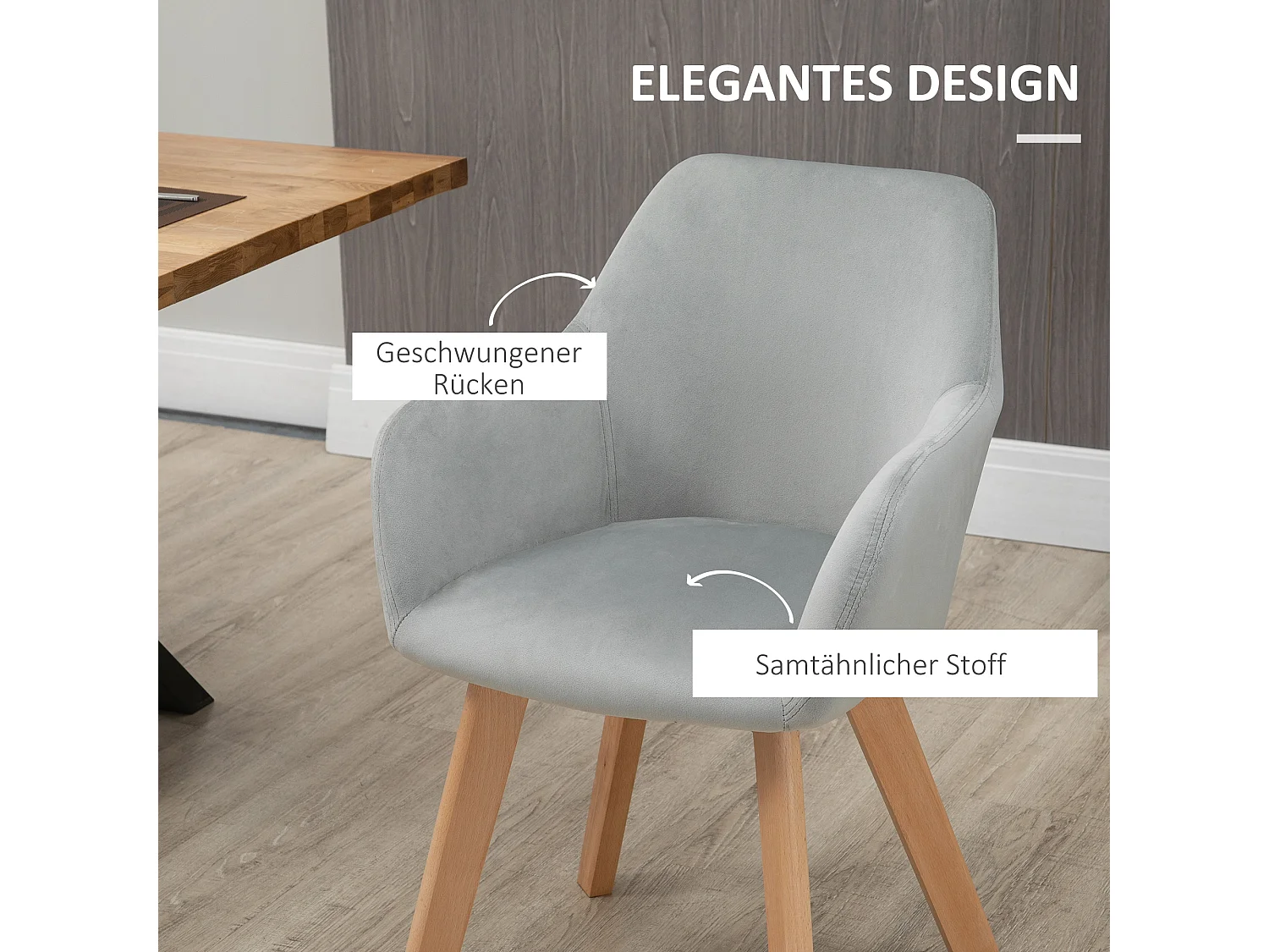 Chaise de salle à manger avec accoudoirs et dossier, en velours, avec pieds en bois, gris (54x57x80 cm)