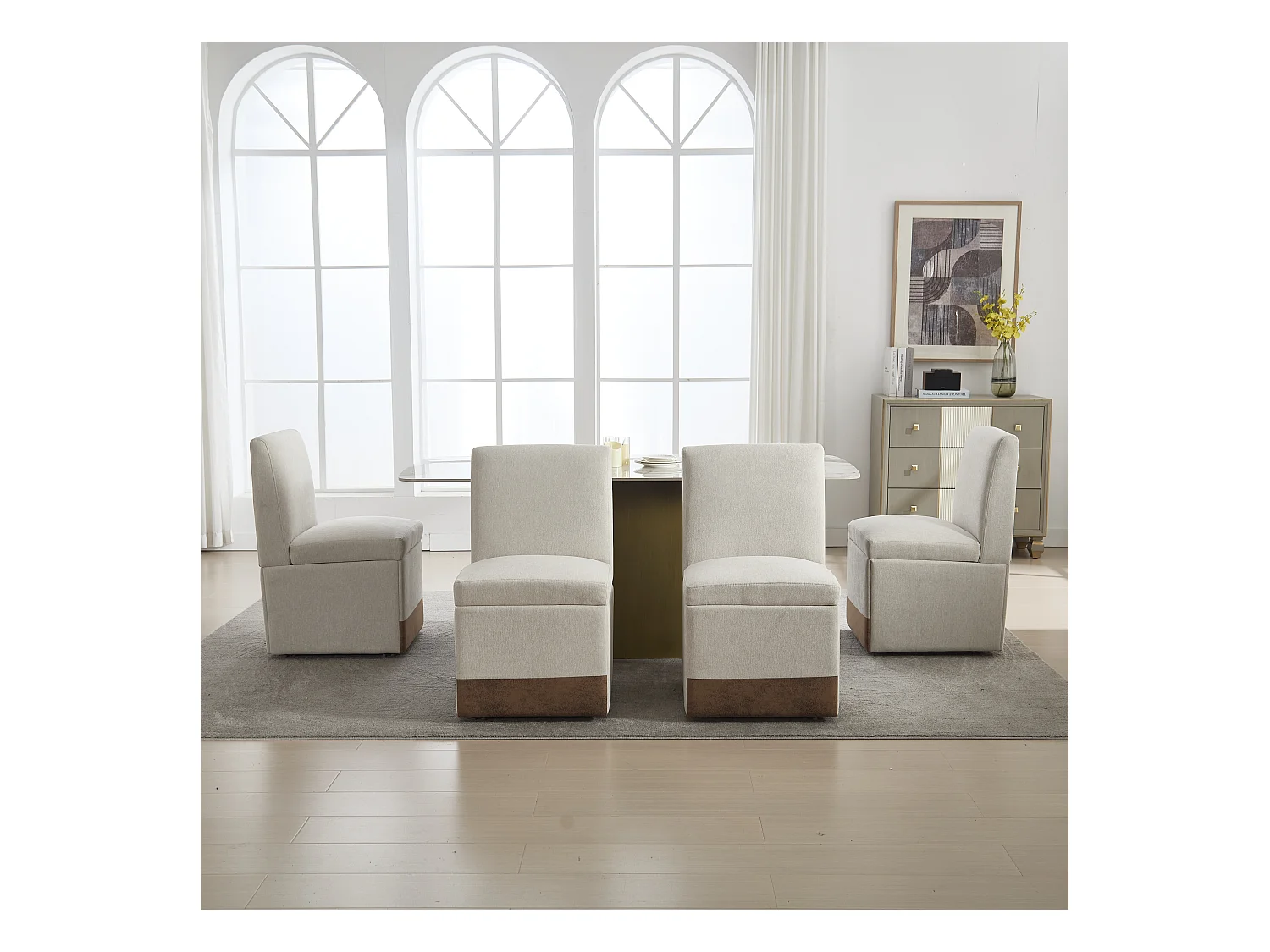 Chaise de salle à manger pivotante, fauteuil avec roulettes et rangement, tissu lin beige (50x59x86 cm)