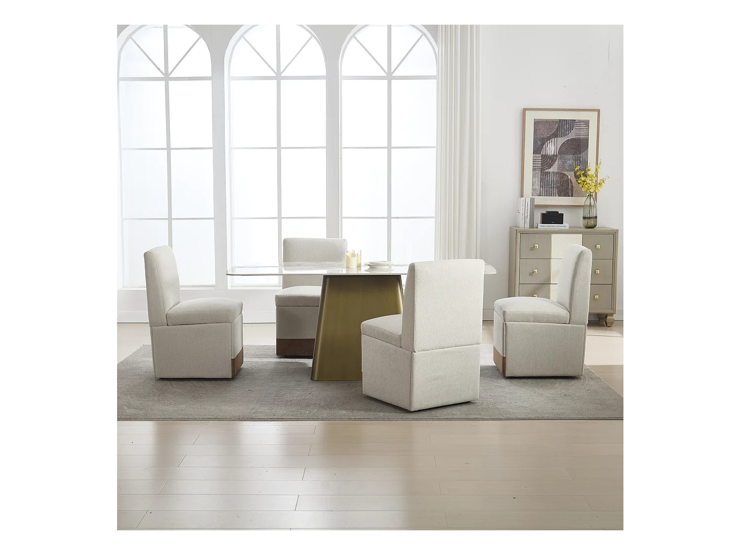 Chaise de salle à manger pivotante, fauteuil avec roulettes et rangement, tissu lin beige (50x59x86 cm)