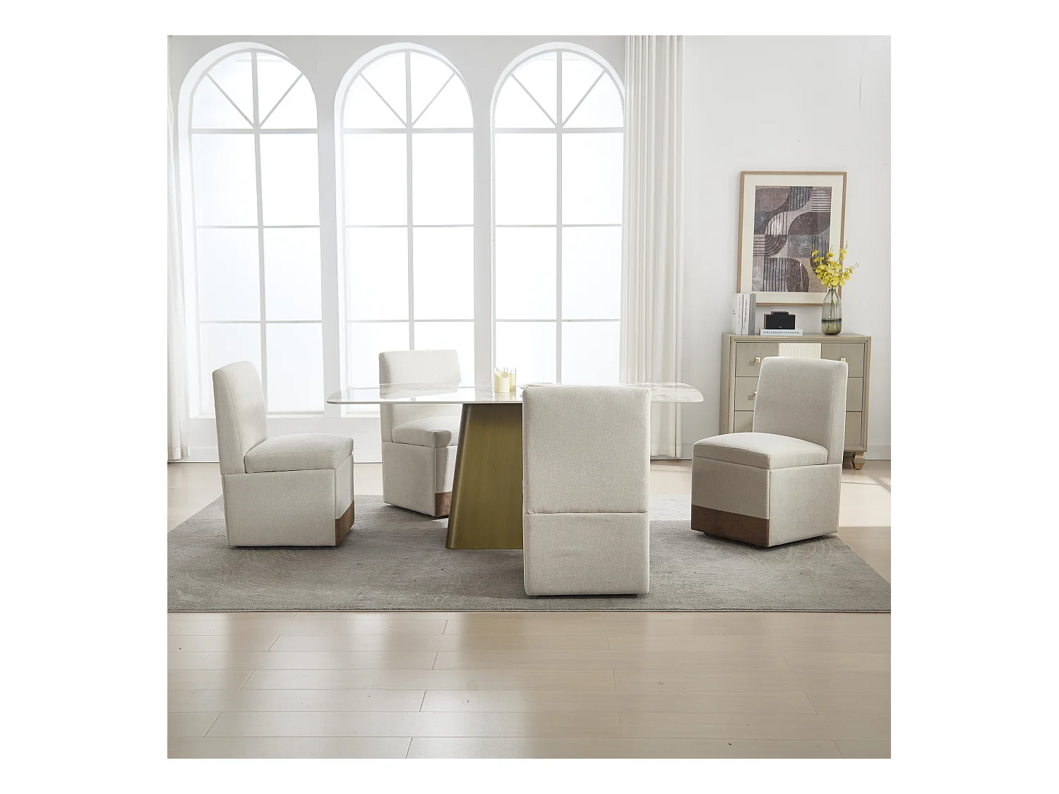 Chaise de salle à manger pivotante, fauteuil avec roulettes et rangement, tissu lin beige (50x59x86 cm)