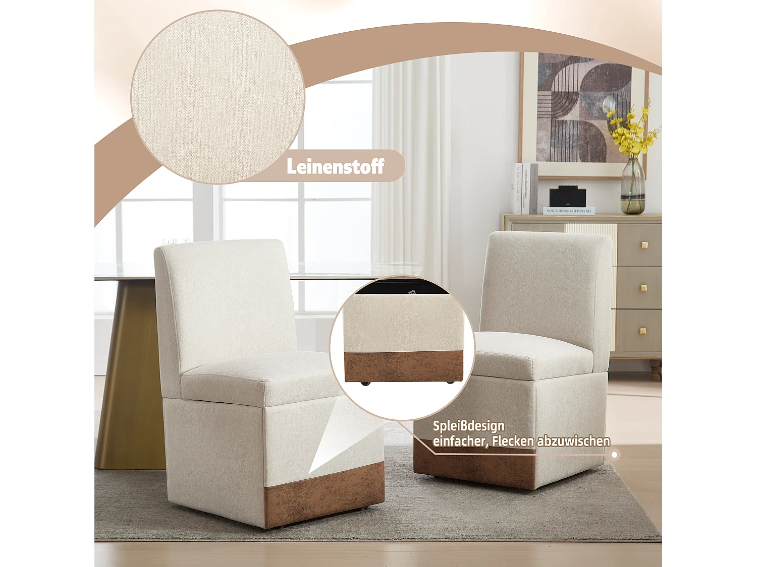 Chaise de salle à manger pivotante, fauteuil avec roulettes et rangement, tissu lin beige (50x59x86 cm)