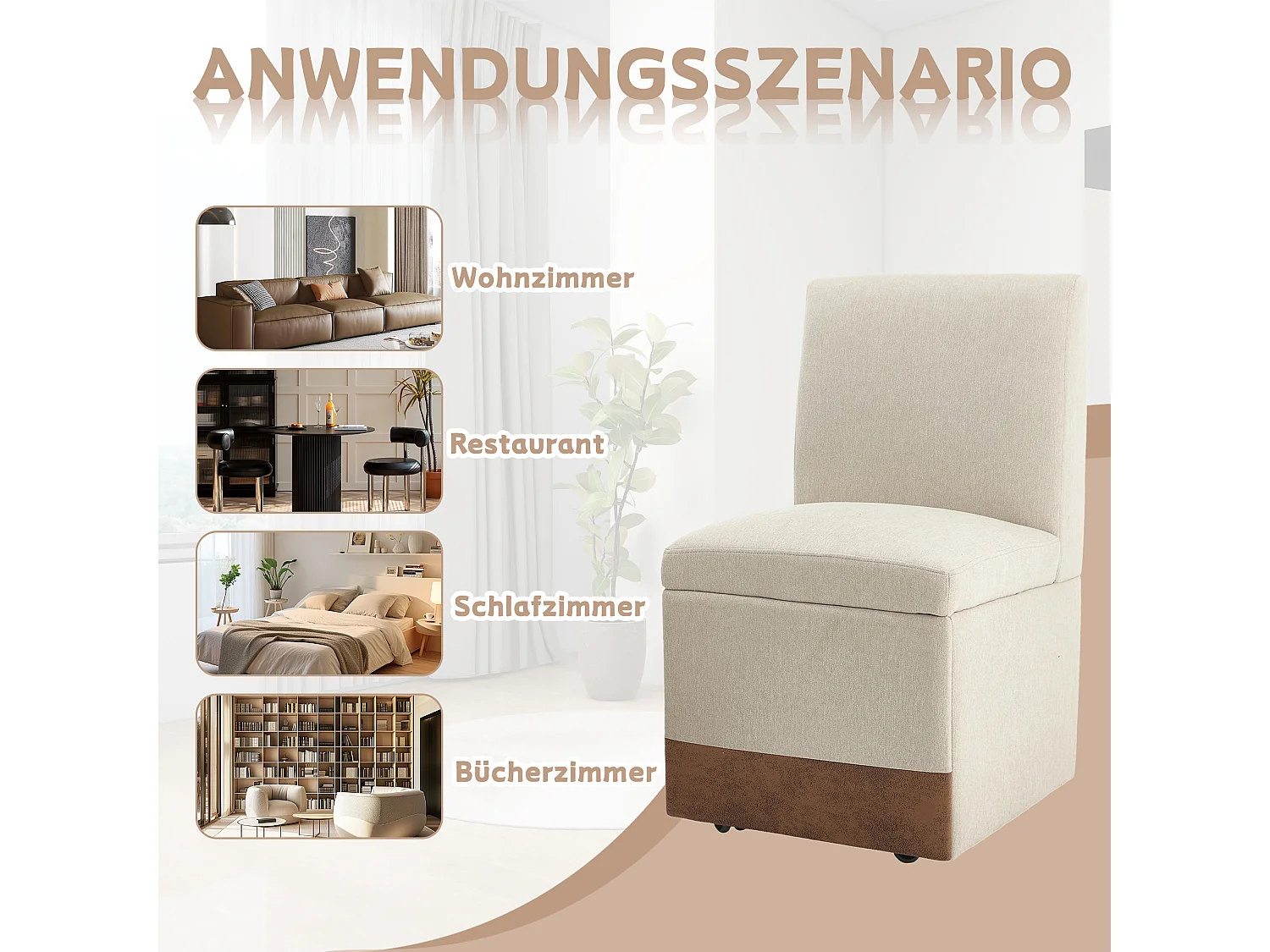 Chaise de salle à manger pivotante, fauteuil avec roulettes et rangement, tissu lin beige (50x59x86 cm)