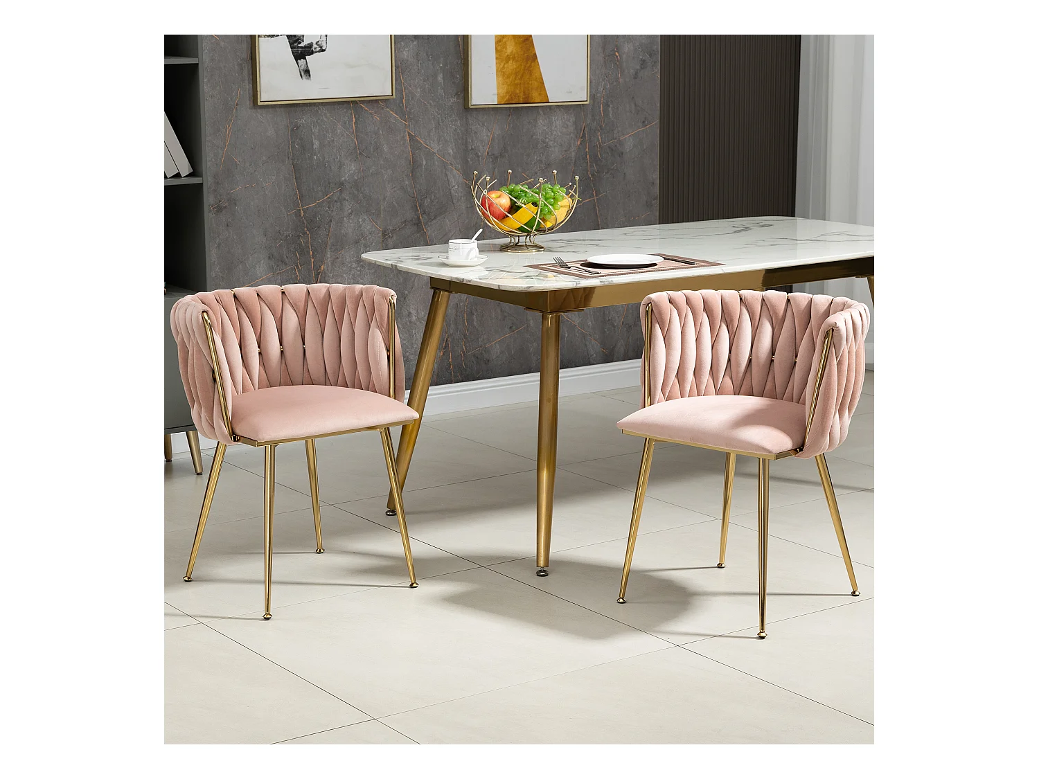 Eetkamerstoelset van fluweel, elegant design, gouden metalen poten, blauw en wit (54x52x72 cm)