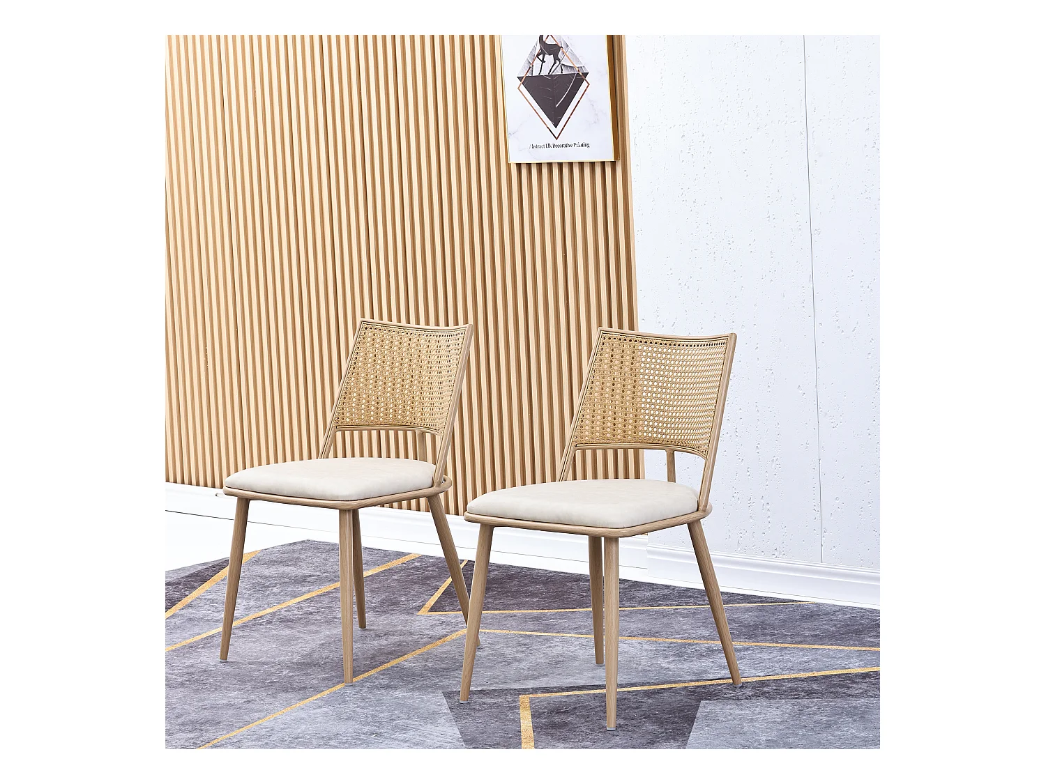 Chaise en rotin avec dossier en PU, design moderne, beige (60x59x49 cm)