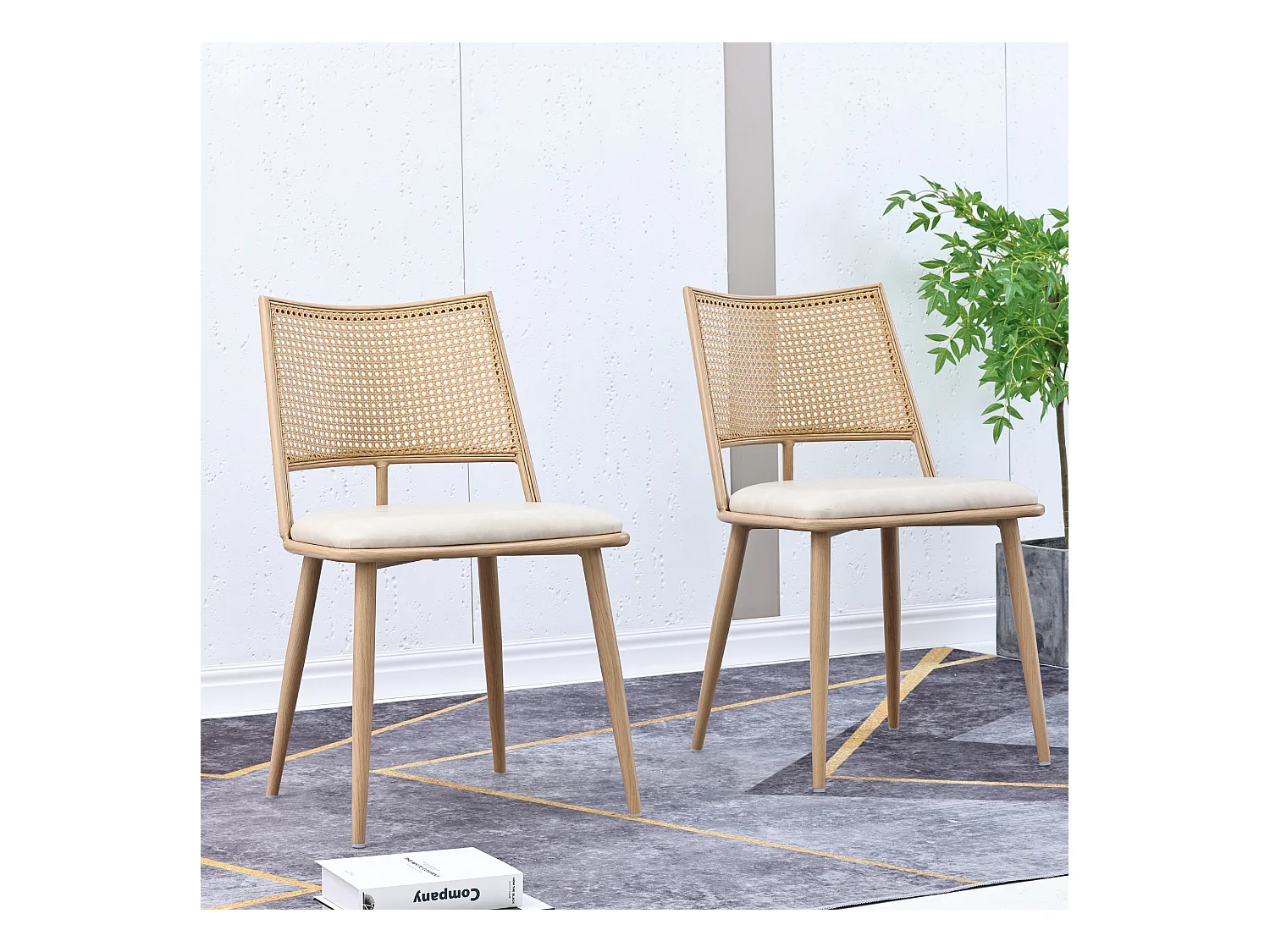 Chaise en rotin avec dossier en PU, design moderne, beige (60x59x49 cm)