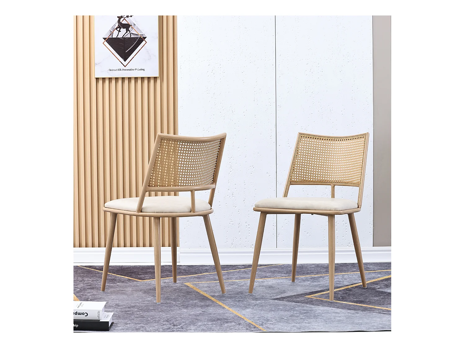 Chaise en rotin avec dossier en PU, design moderne, beige (60x59x49 cm)