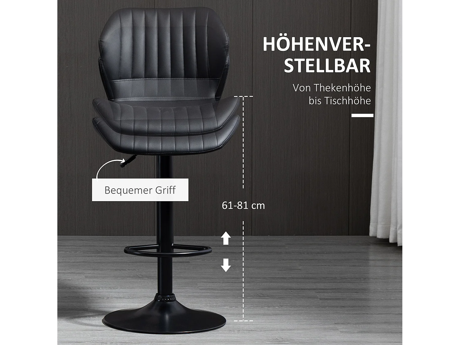 Tabouret de bar, réglable en hauteur, avec dossier, simili cuir, noir (48.5x55.5x90-110 cm)