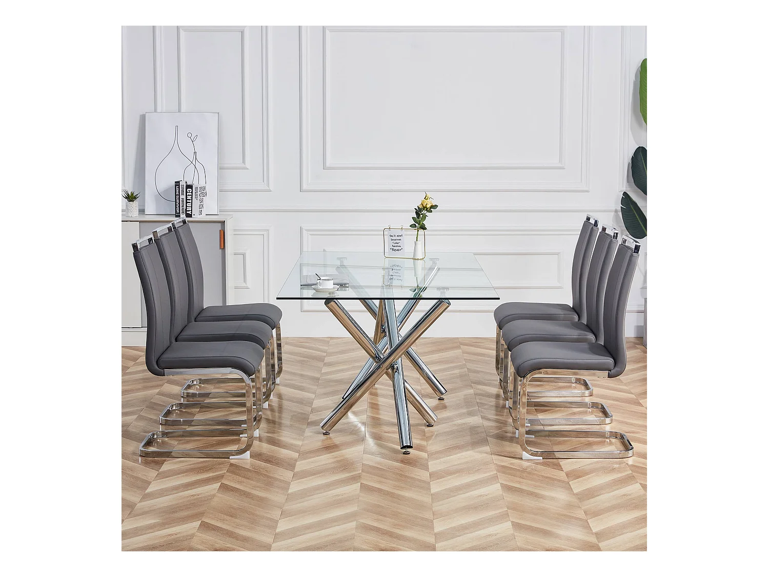 Chaise chaise cantilever avec cadre en métal chromé, revêtement en PU, gris (48x42x52 cm)