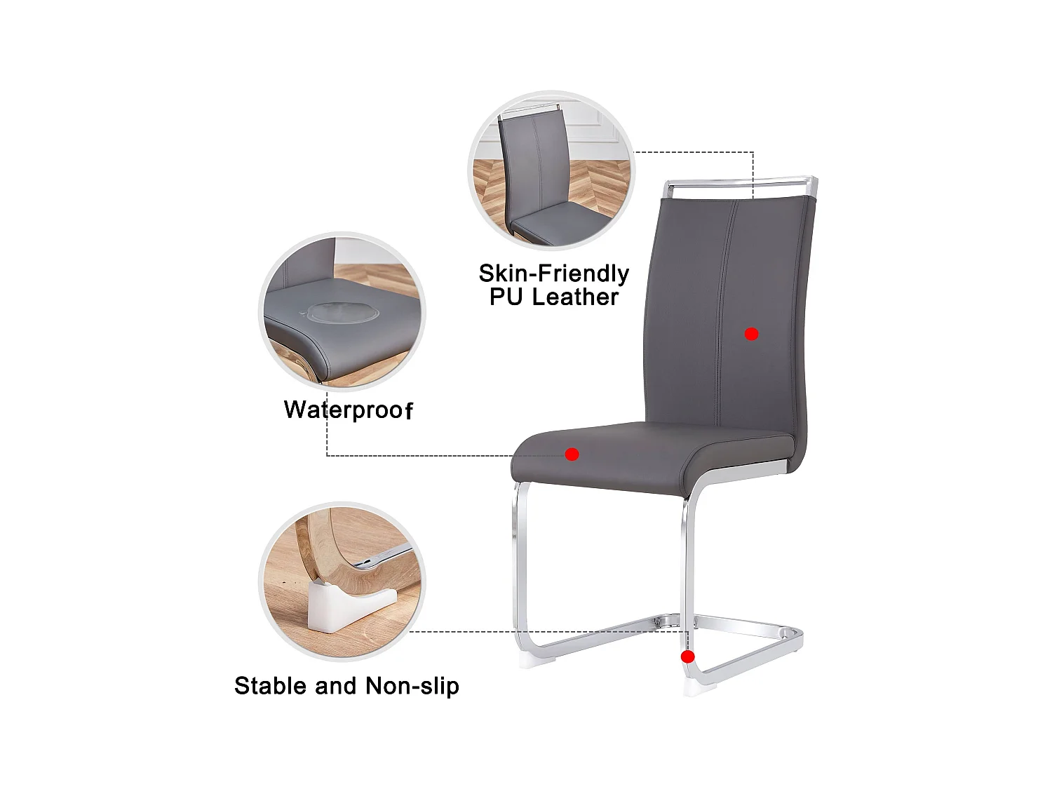 Chaise chaise cantilever avec cadre en métal chromé, revêtement en PU, gris (48x42x52 cm)