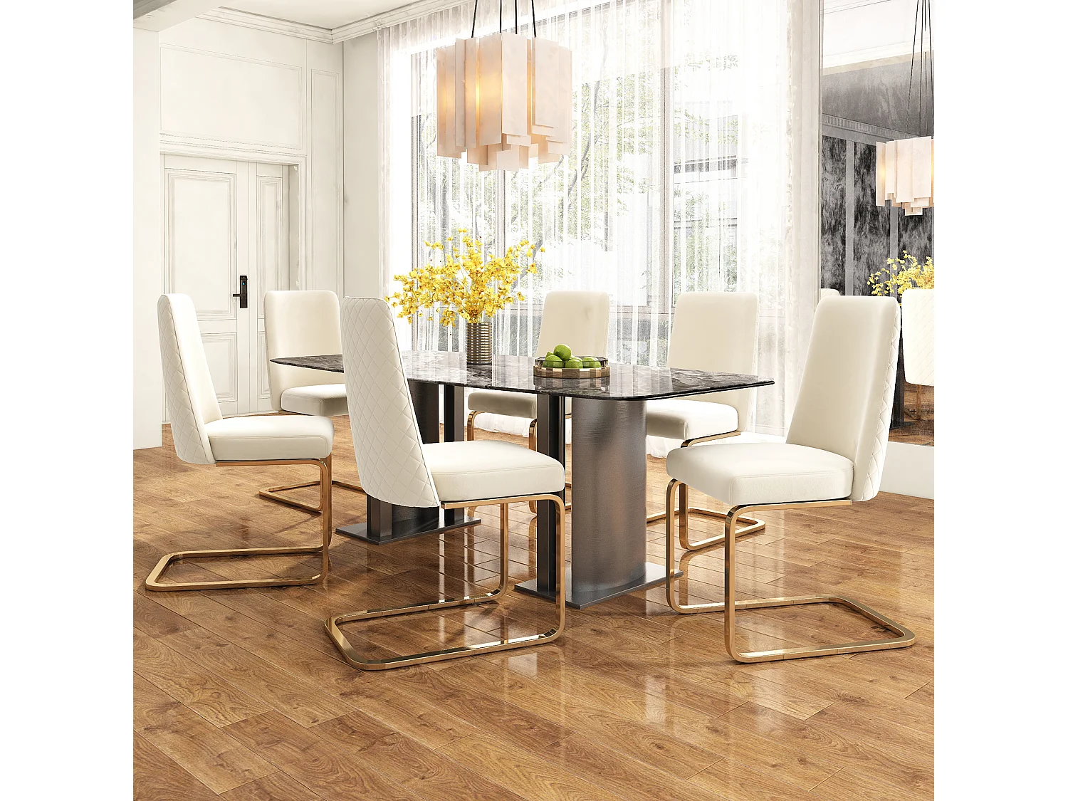 Chaise de salle à manger en velours, 6 pièces, design luxe, dos en diamant, pieds métalliques dorés, beige (47x47x90 cm)