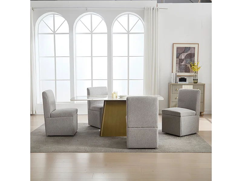 Silla de comedor con ruedas, sillón giratorio y almacenaje, tela de lino beige, sillón sin brazos (50x59x86 cm)