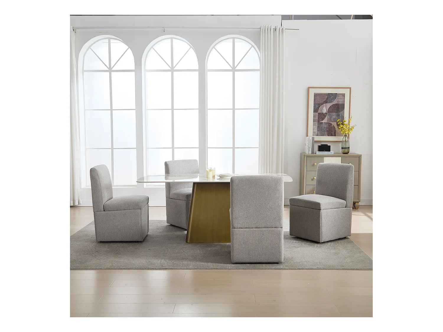 Chaise de salle à manger avec roulettes, fauteuil pivotant et rangement, tissu lin beige, fauteuil sans bras (50x59x86 cm)