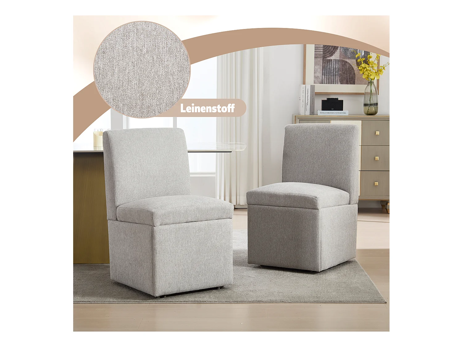 Chaise de salle à manger avec roulettes, fauteuil pivotant et rangement, tissu lin beige, fauteuil sans bras (50x59x86 cm)