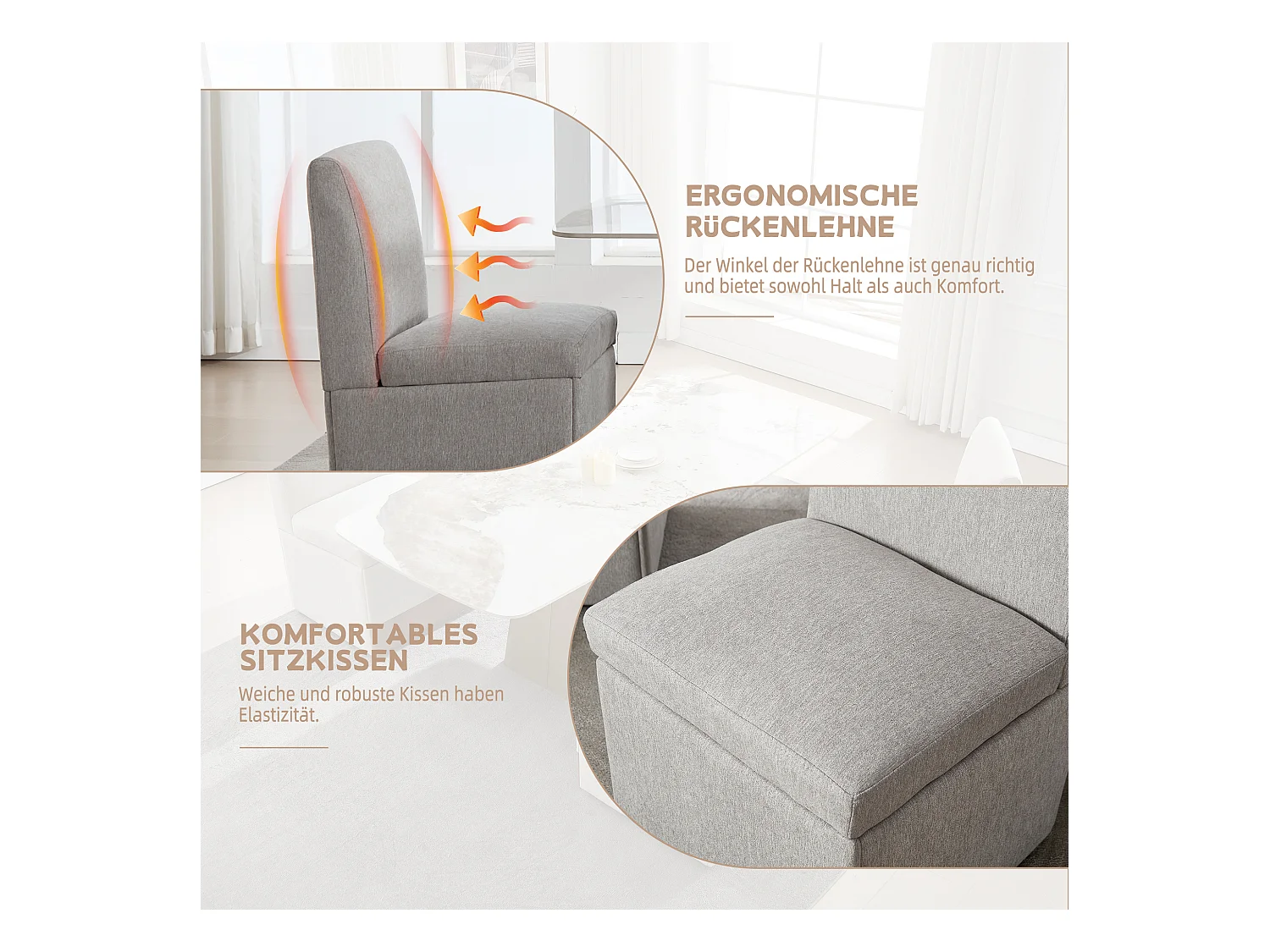 Chaise de salle à manger avec roulettes, fauteuil pivotant et rangement, tissu lin beige, fauteuil sans bras (50x59x86 cm)