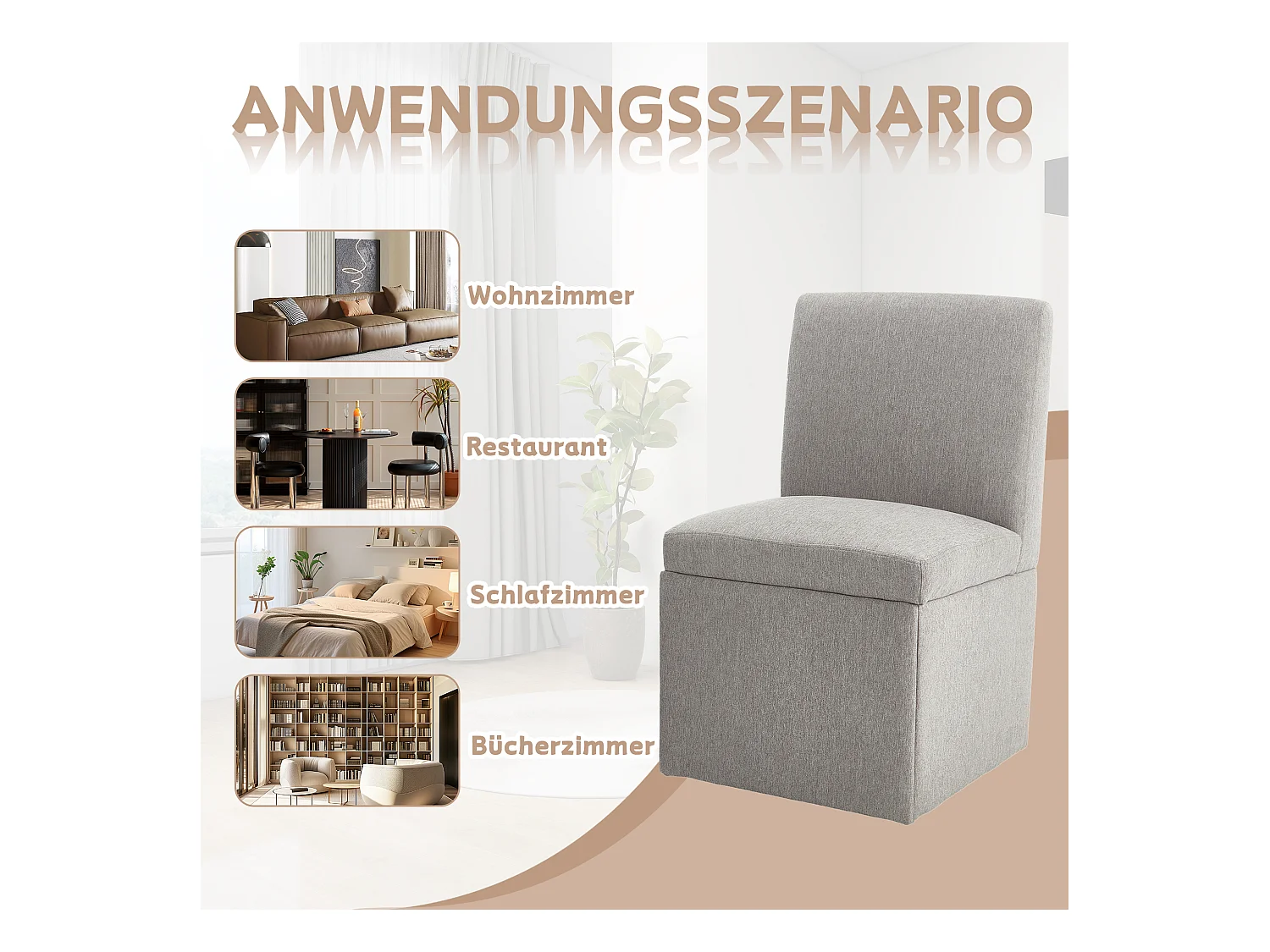 Chaise de salle à manger avec roulettes, fauteuil pivotant et rangement, tissu lin beige, fauteuil sans bras (50x59x86 cm)