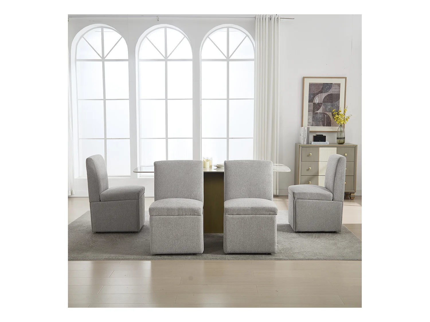 Chaise de salle à manger avec roulettes, fauteuil pivotant et rangement, tissu lin beige, fauteuil sans bras (50x59x86 cm)