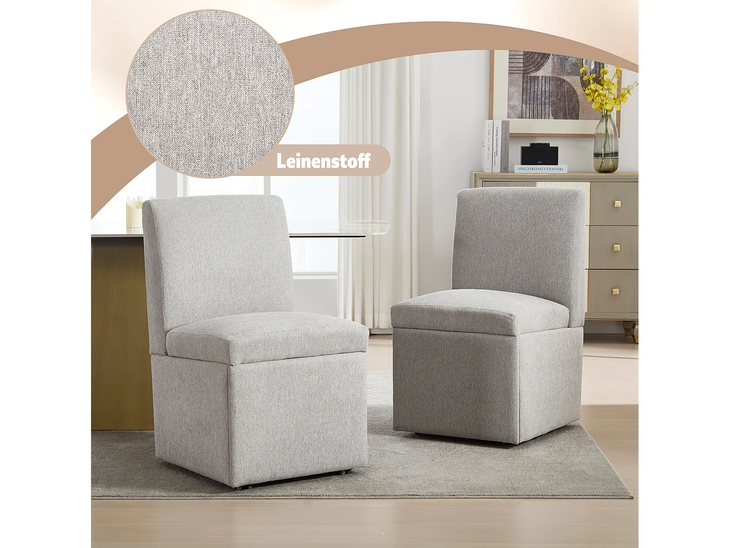 Chaise de salle à manger avec roulettes, fauteuil pivotant et rangement, tissu lin beige, fauteuil sans bras (50x59x86 cm)