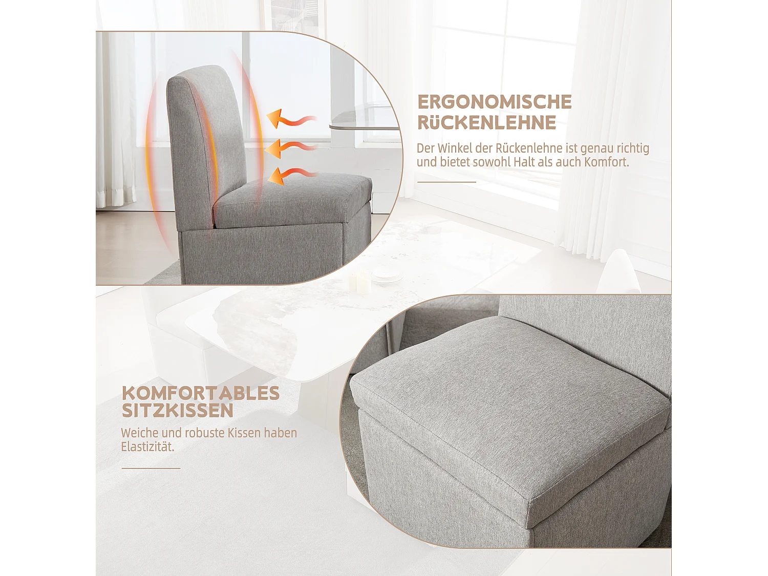 Chaise de salle à manger avec roulettes, fauteuil pivotant et rangement, tissu lin beige, fauteuil sans bras (50x59x86 cm)