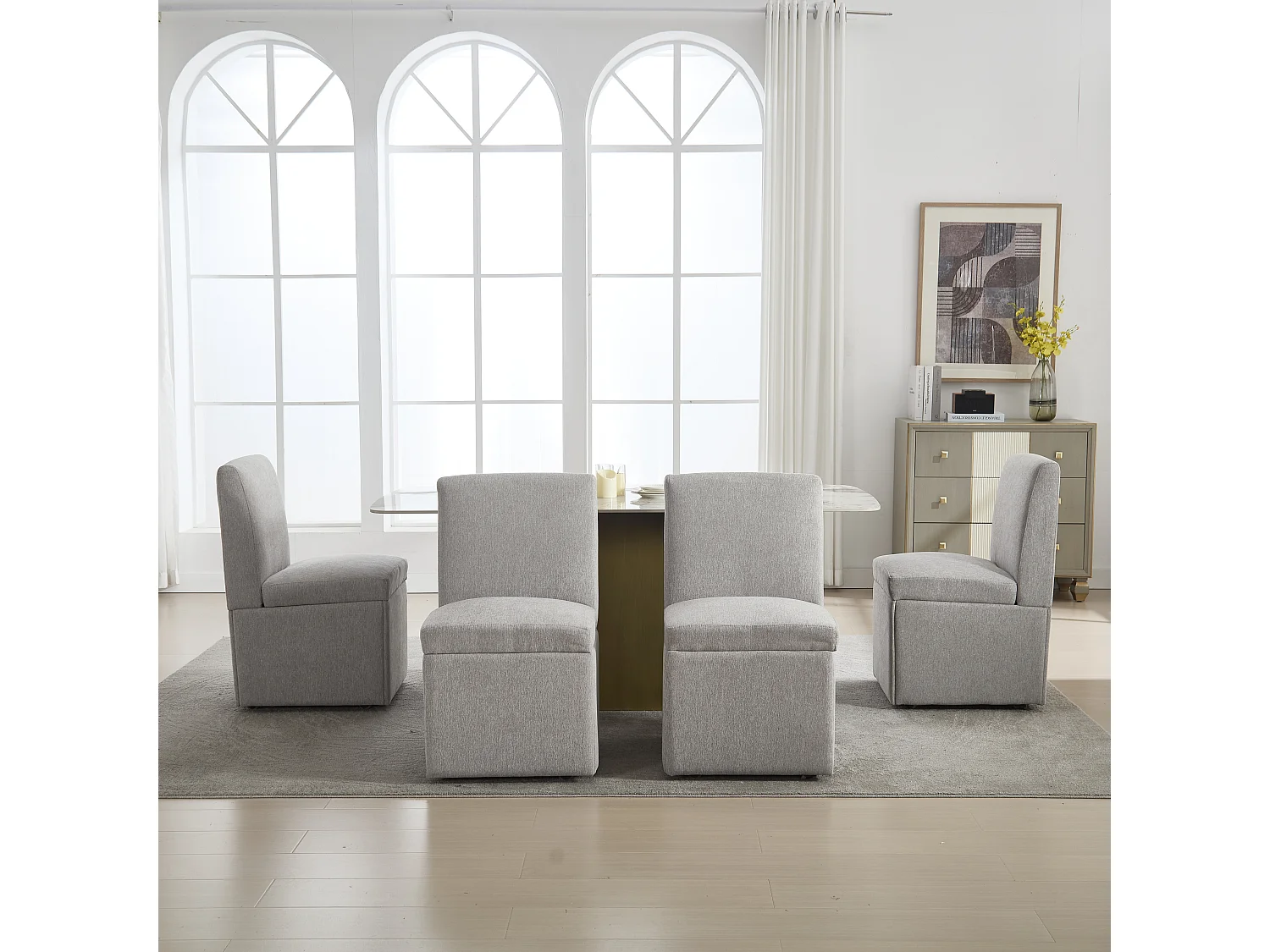 Chaise de salle à manger avec roulettes, fauteuil pivotant et rangement, tissu lin beige, fauteuil sans bras (50x59x86 cm)