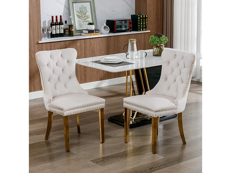 Chaise de salle à manger moderne, velours beige, pieds en acier inoxydable doré, clous décoratifs, lot de 2 (65x50x95 cm)