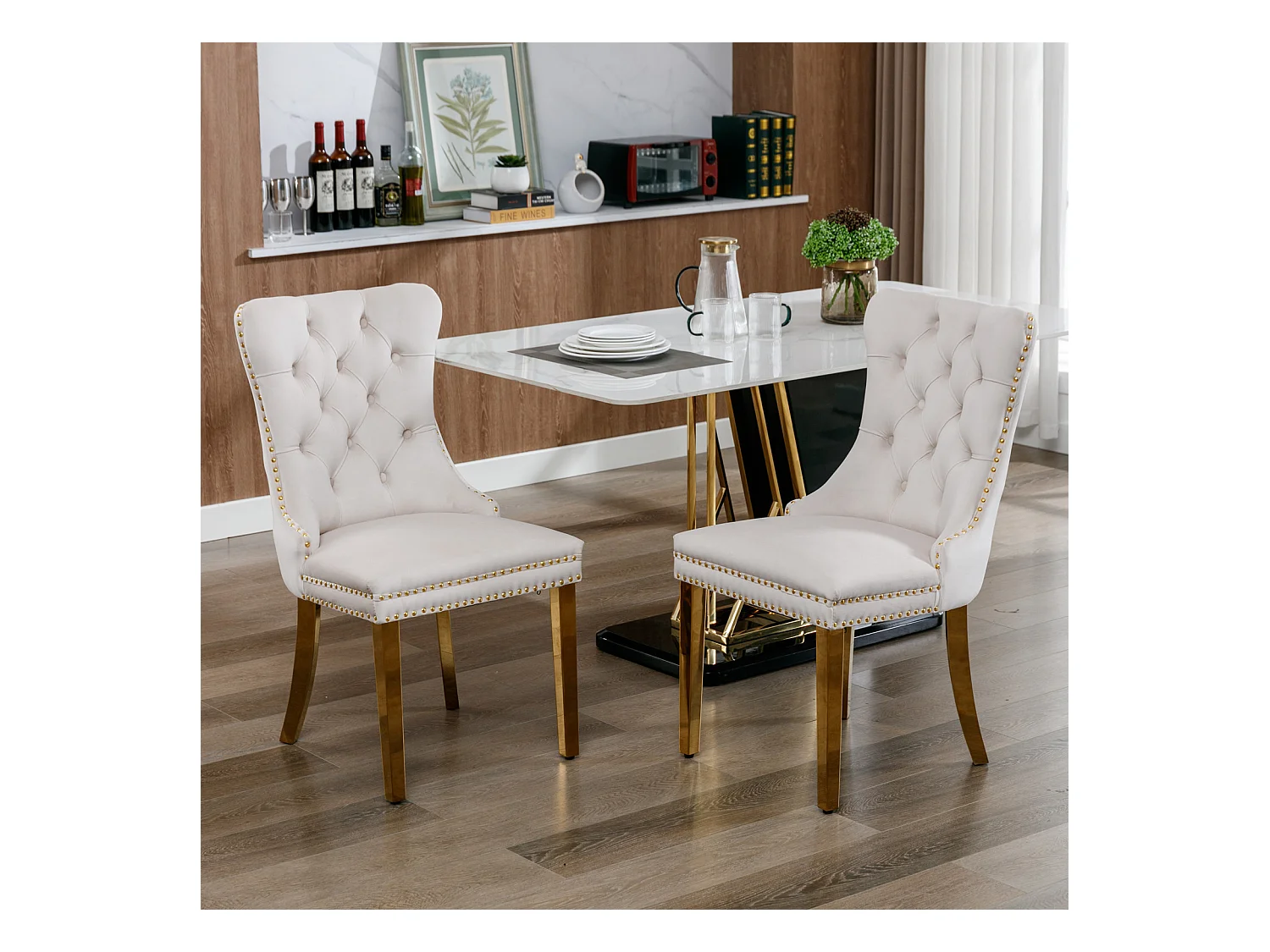 Moderne eetkamerstoel, beige fluweel, gouden roestvrijstalen poten, decoratieve nagels, set van 2 (65x50x95 cm)