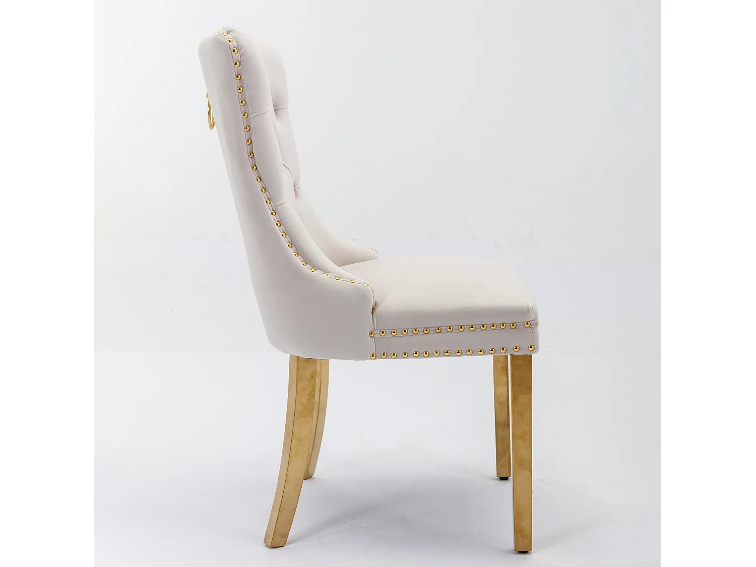 Moderne eetkamerstoel, beige fluweel, gouden roestvrijstalen poten, decoratieve nagels, set van 2 (65x50x95 cm)