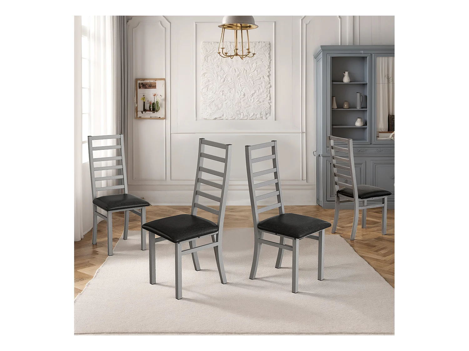 Chaises de salle à manger métal, design épuré, PU simili cuir, pieds en acier, gris (40x47x107 cm)