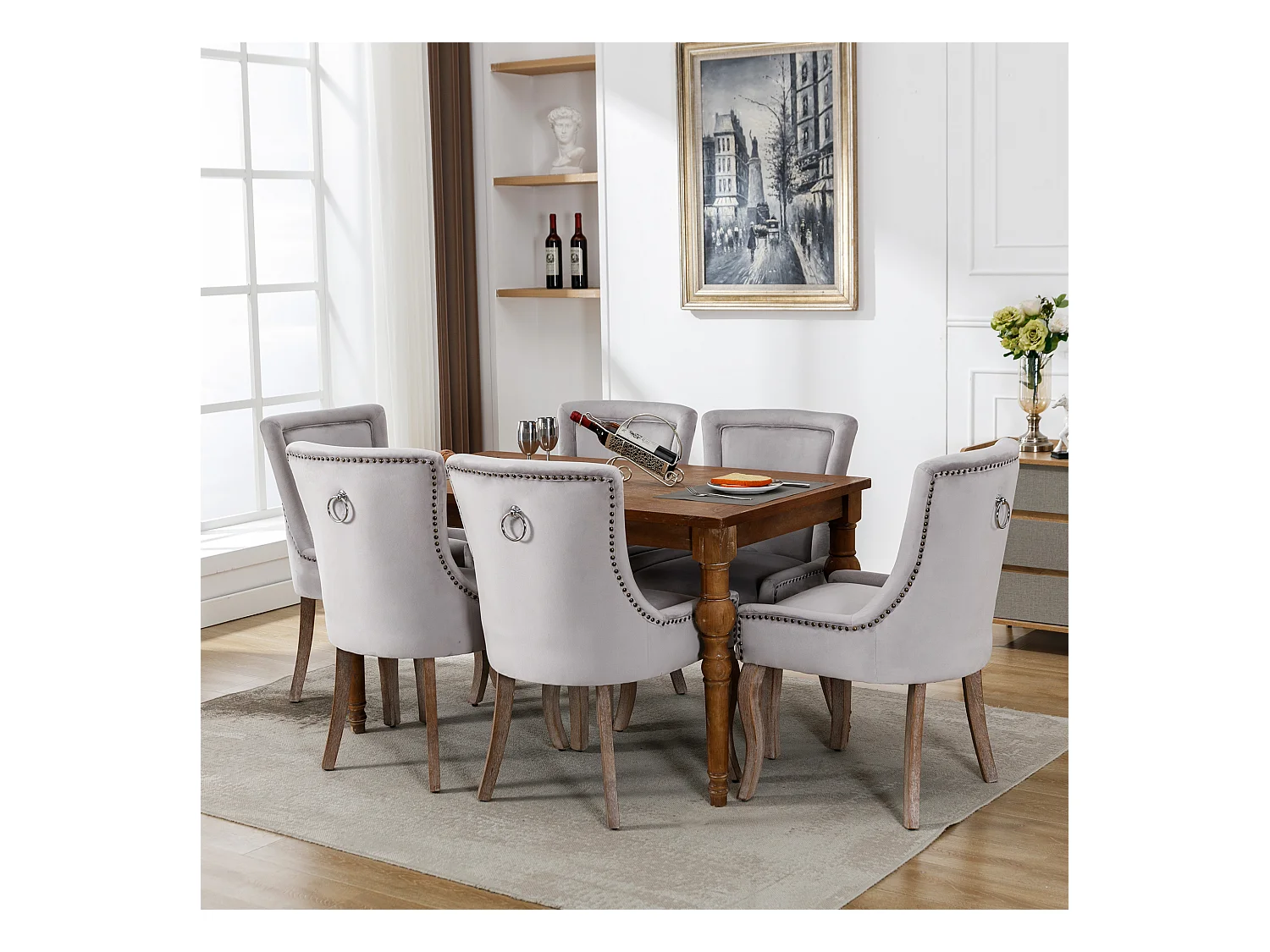 Chaise de salle à manger luxueuse, fauteuil avec clous décoratifs et structure en bois massif, revêtement en velours, gris (55x61x91 cm)