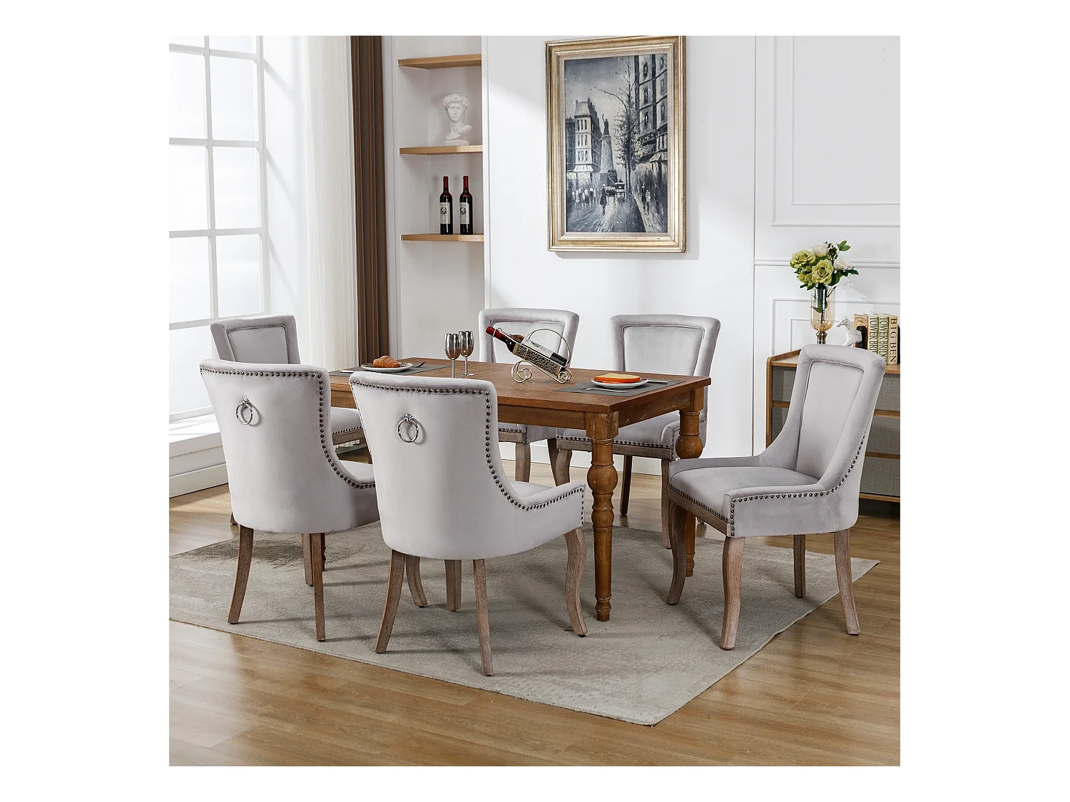 Chaise de salle à manger luxueuse, fauteuil avec clous décoratifs et structure en bois massif, revêtement en velours, gris (55x61x91 cm)