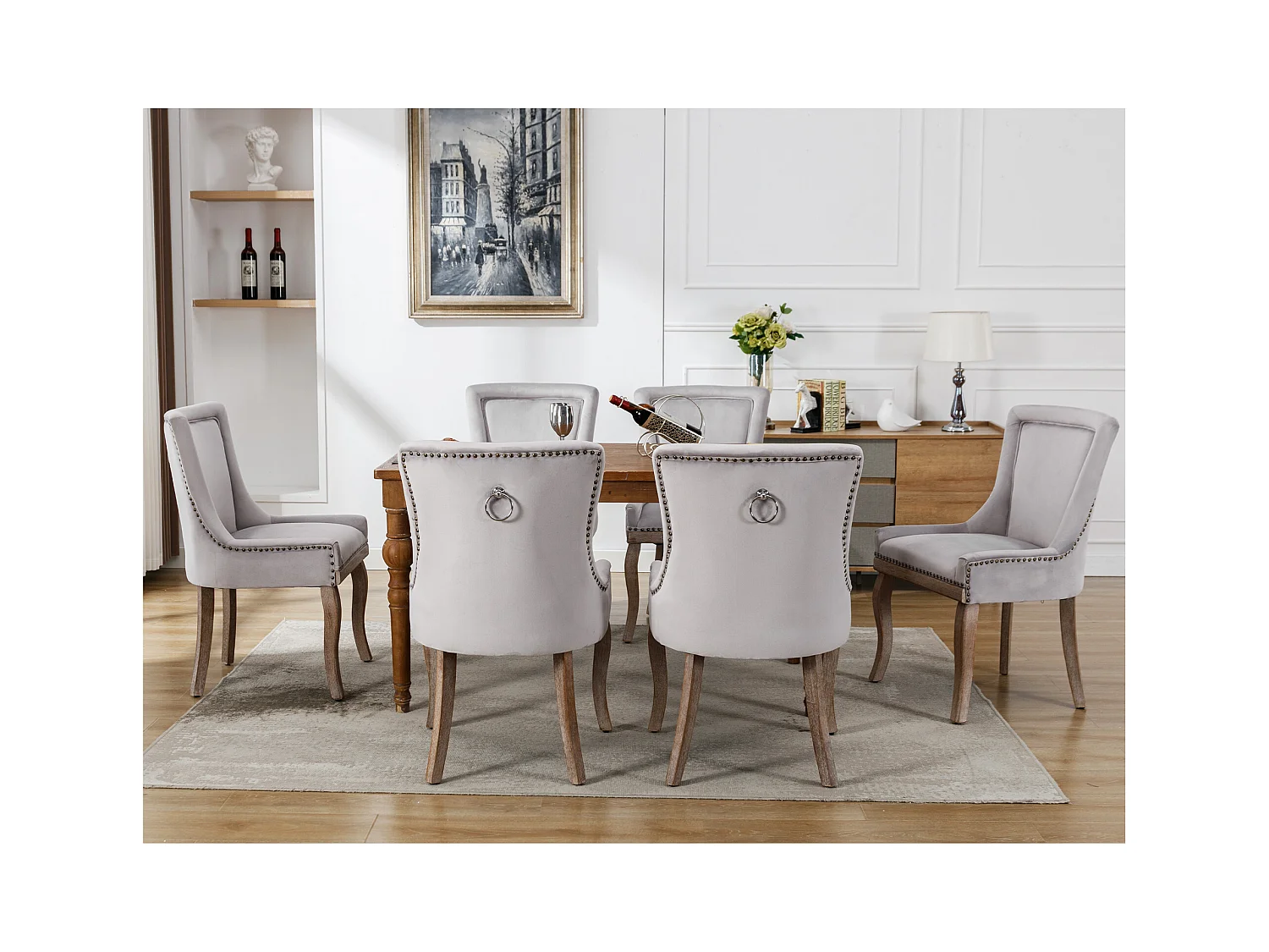 Lussuosa sedia da pranzo, poltrona con chiodi decorativi e struttura in legno massello, rivestimento in velluto, grigio (55x61x91 cm)