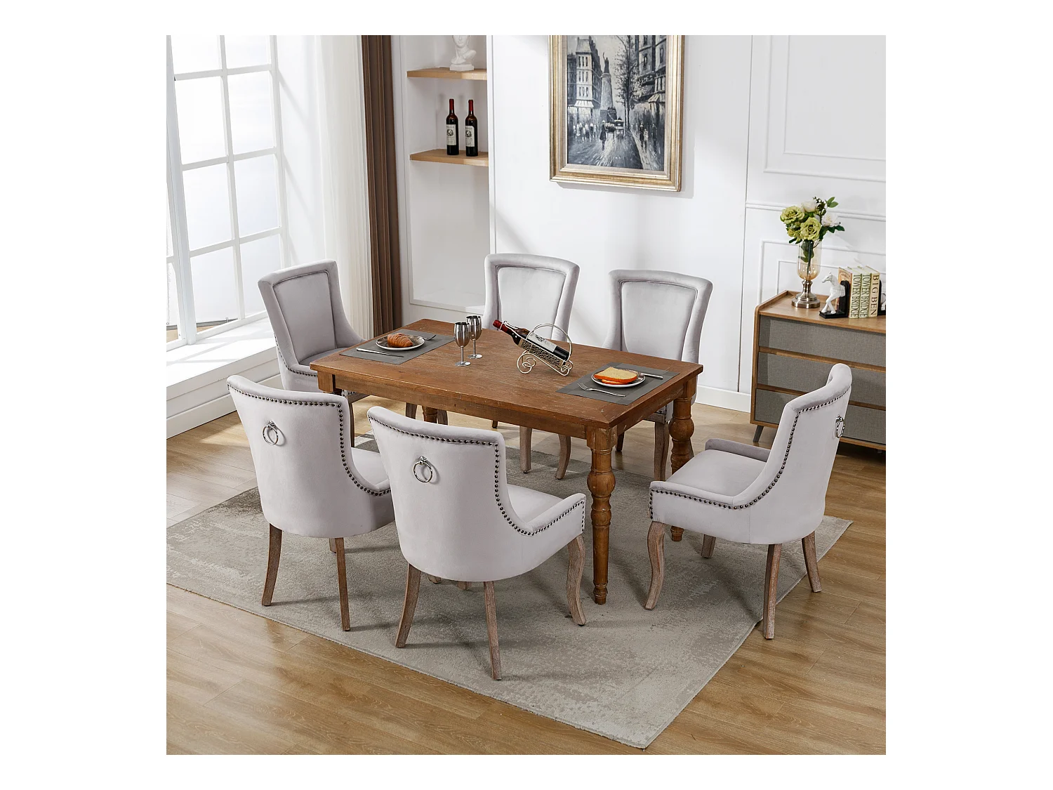 Lussuosa sedia da pranzo, poltrona con chiodi decorativi e struttura in legno massello, rivestimento in velluto, grigio (55x61x91 cm)