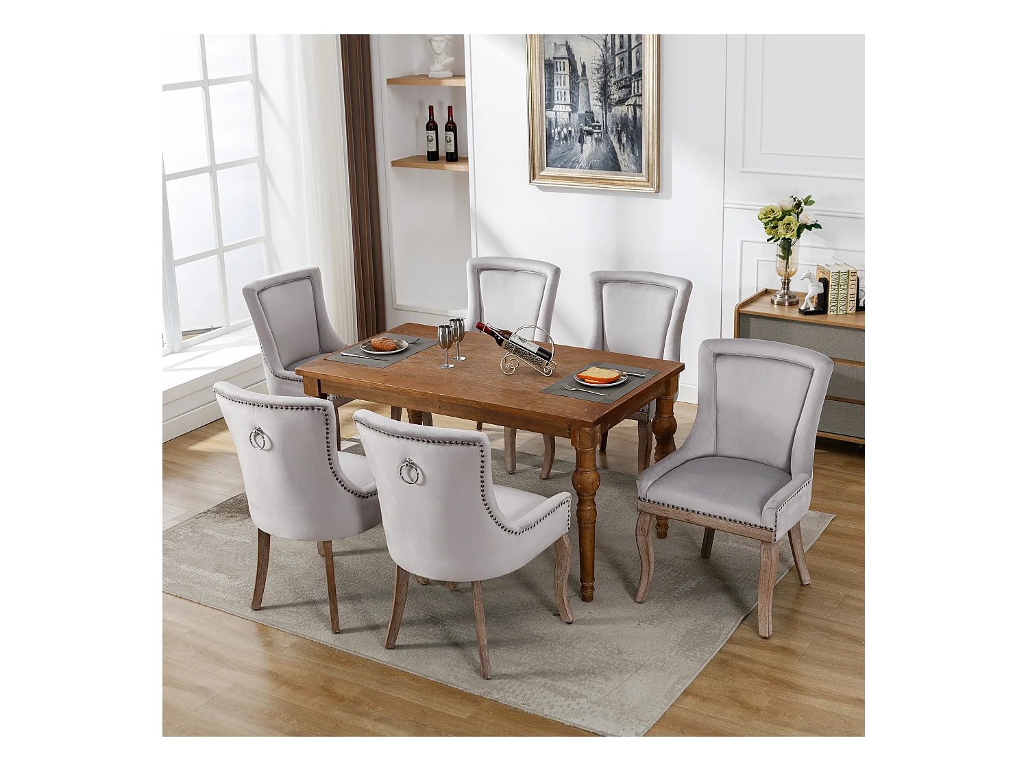 Lussuosa sedia da pranzo, poltrona con chiodi decorativi e struttura in legno massello, rivestimento in velluto, grigio (55x61x91 cm)