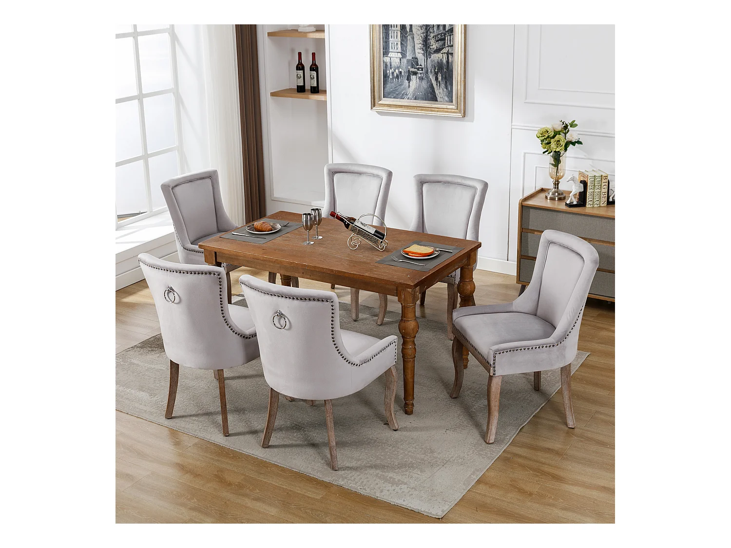 Lussuosa sedia da pranzo, poltrona con chiodi decorativi e struttura in legno massello, rivestimento in velluto, grigio (55x61x91 cm)