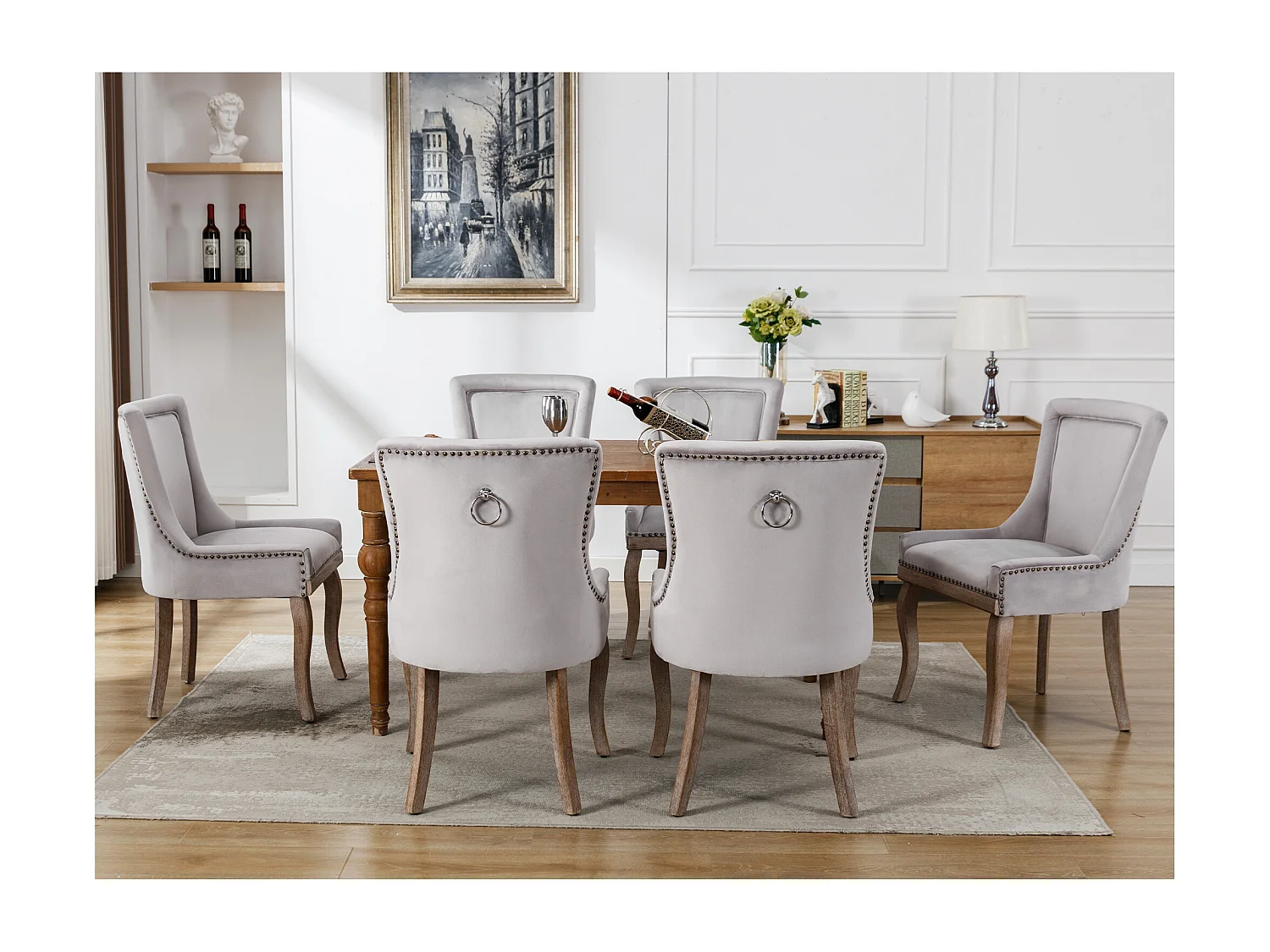 Lussuosa sedia da pranzo, poltrona con chiodi decorativi e struttura in legno massello, rivestimento in velluto, grigio (55x61x91 cm)