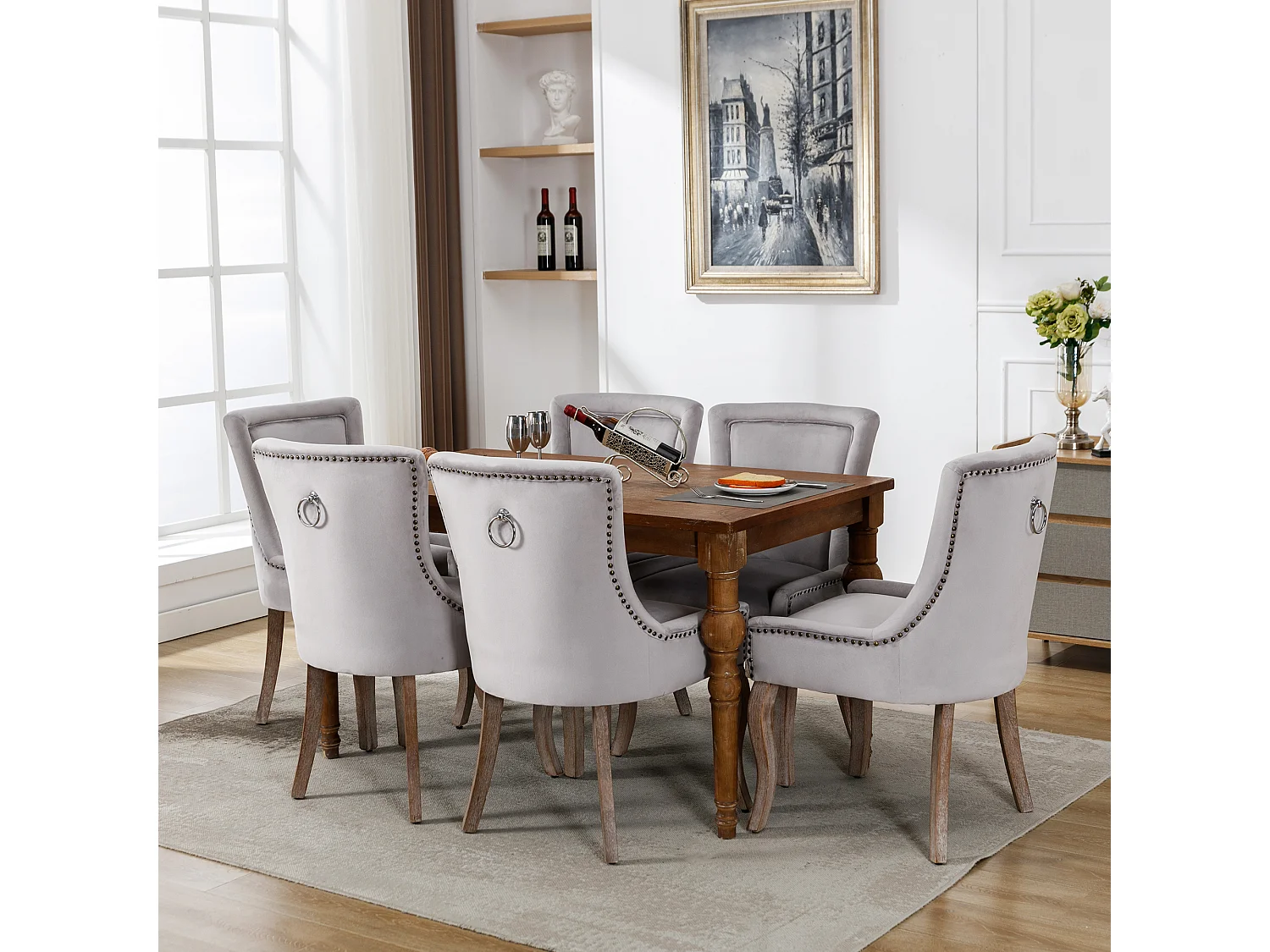 Lussuosa sedia da pranzo, poltrona con chiodi decorativi e struttura in legno massello, rivestimento in velluto, grigio (55x61x91 cm)