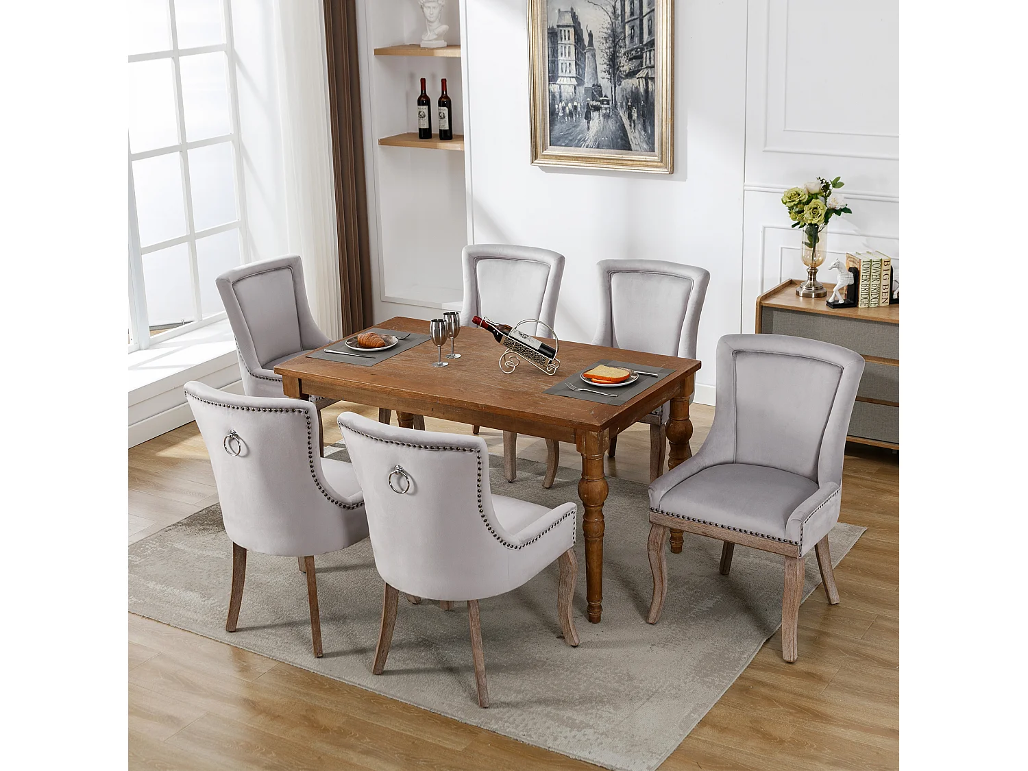 Lussuosa sedia da pranzo, poltrona con chiodi decorativi e struttura in legno massello, rivestimento in velluto, grigio (55x61x91 cm)