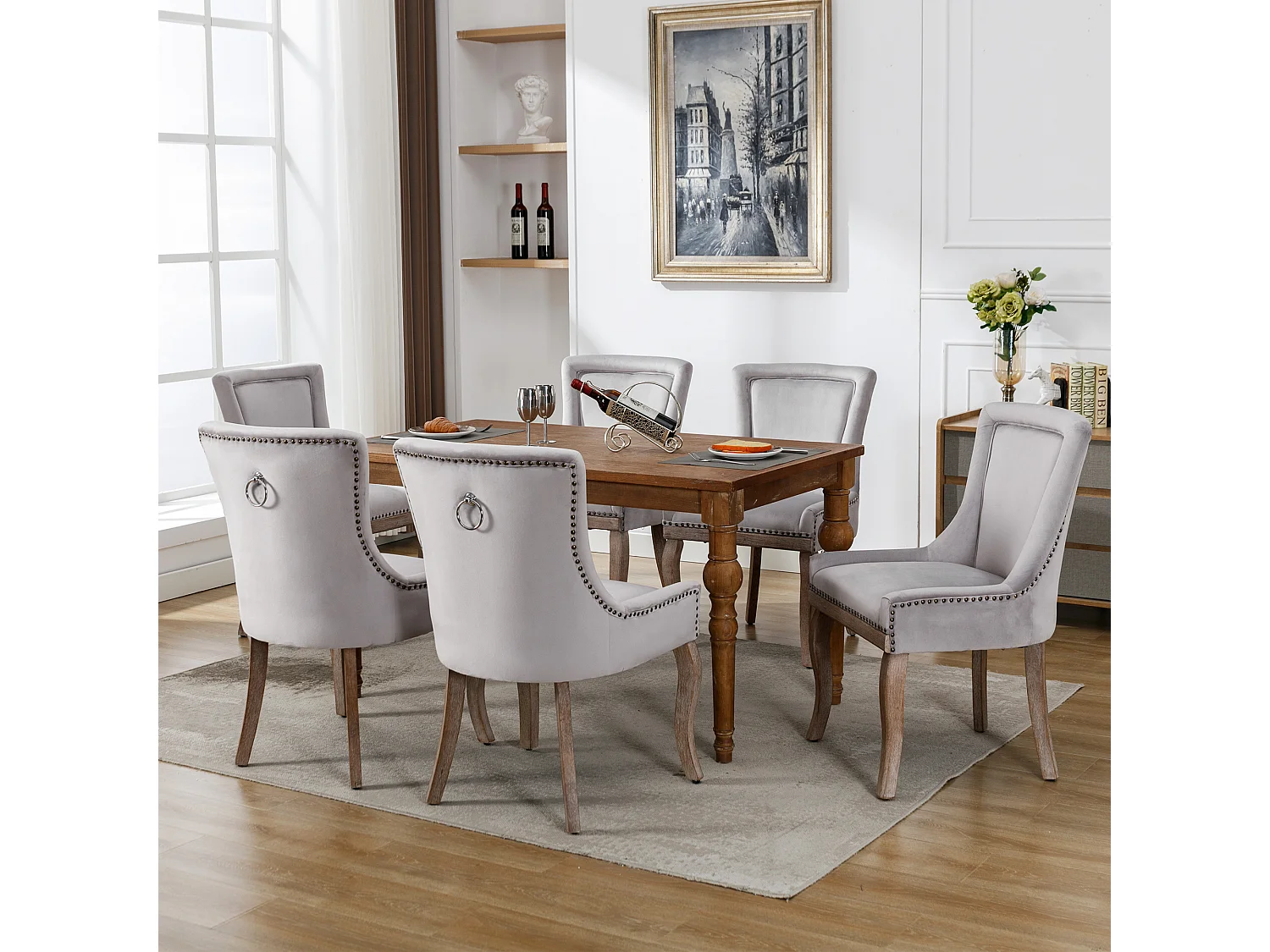 Lussuosa sedia da pranzo, poltrona con chiodi decorativi e struttura in legno massello, rivestimento in velluto, grigio (55x61x91 cm)